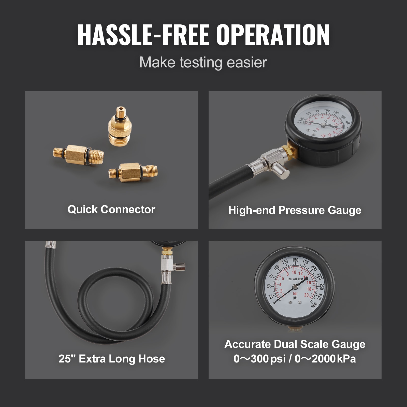 Kit de Adaptadores para Prueba de Compresión VEVOR, 9 Piezas para Pruebas de Compresión de Fugas en Cilindros de Motor Automotriz, Preciso Medidor de Presión de Doble Escala de 0 a 300 Psi, con Mangueras de Alcance Largo y Estuche para Cilindros de Motor