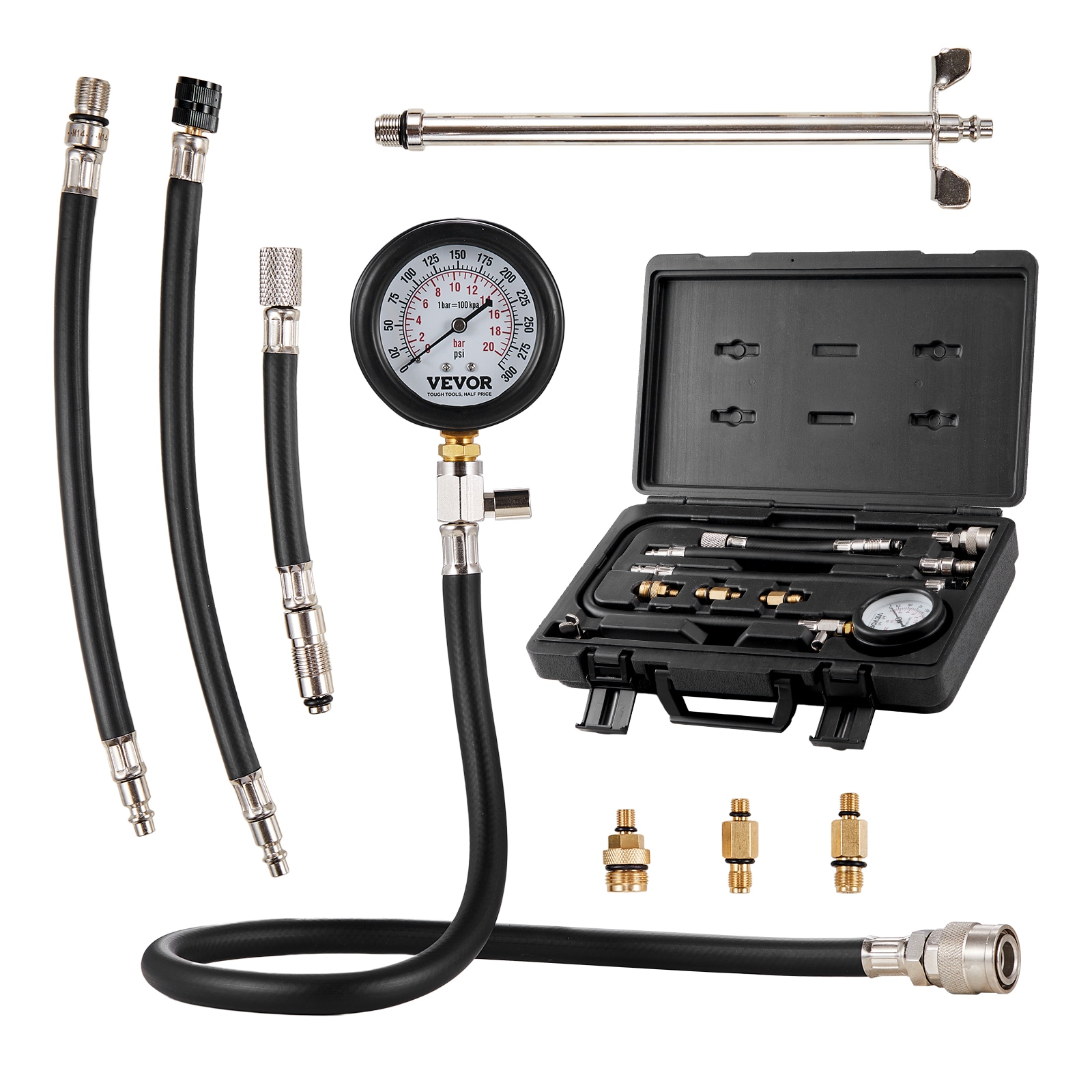 Kit de Adaptadores para Prueba de Compresión VEVOR, 9 Piezas para Pruebas de Compresión de Fugas en Cilindros de Motor Automotriz, Preciso Medidor de Presión de Doble Escala de 0 a 300 Psi, con Mangueras de Alcance Largo y Estuche para Cilindros de Motor