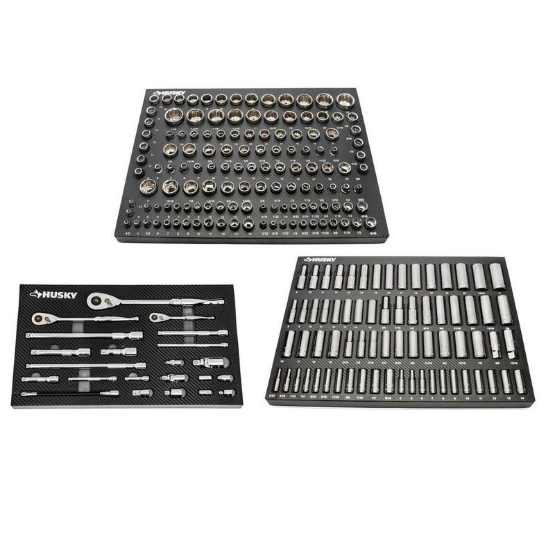 Set de herramientas para mecánicos Husky de 1/4, 3/8 y 1/2 pulgadas con bandejas de almacenamiento de EVA (222 piezas) - H222SDTSEVACB
