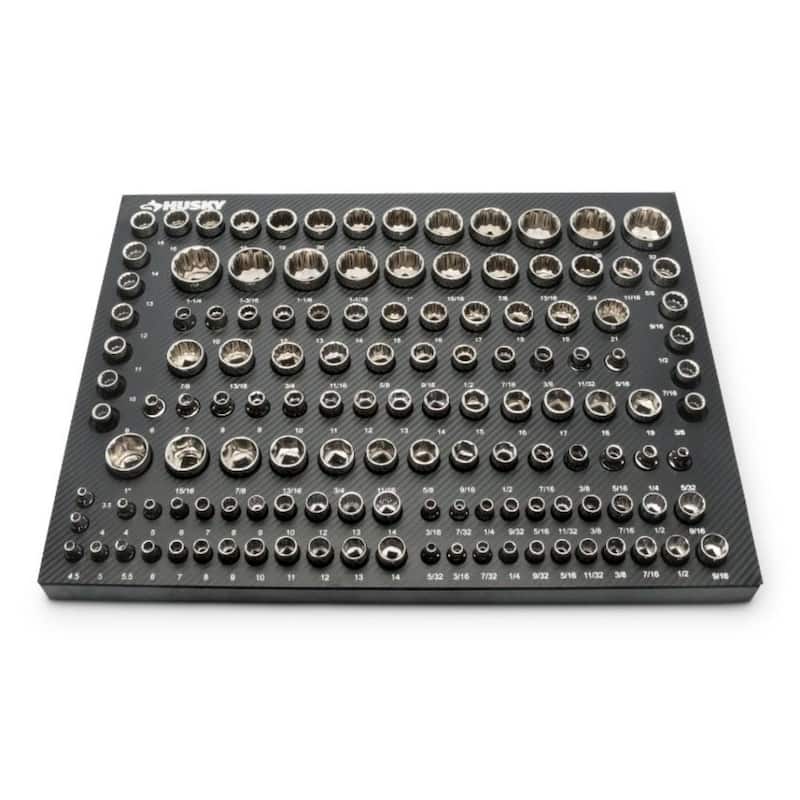 Set de herramientas para mecánicos Husky de 1/4, 3/8 y 1/2 pulgadas con bandejas de almacenamiento de EVA (222 piezas) - H222SDTSEVACB