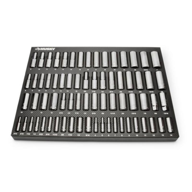 Set de herramientas para mecánicos Husky de 1/4, 3/8 y 1/2 pulgadas con bandejas de almacenamiento de EVA (222 piezas) - H222SDTSEVACB