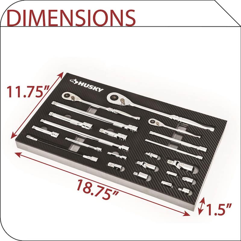 Set de herramientas para mecánicos Husky de 1/4, 3/8 y 1/2 pulgadas con bandejas de almacenamiento de EVA (222 piezas) - H222SDTSEVACB