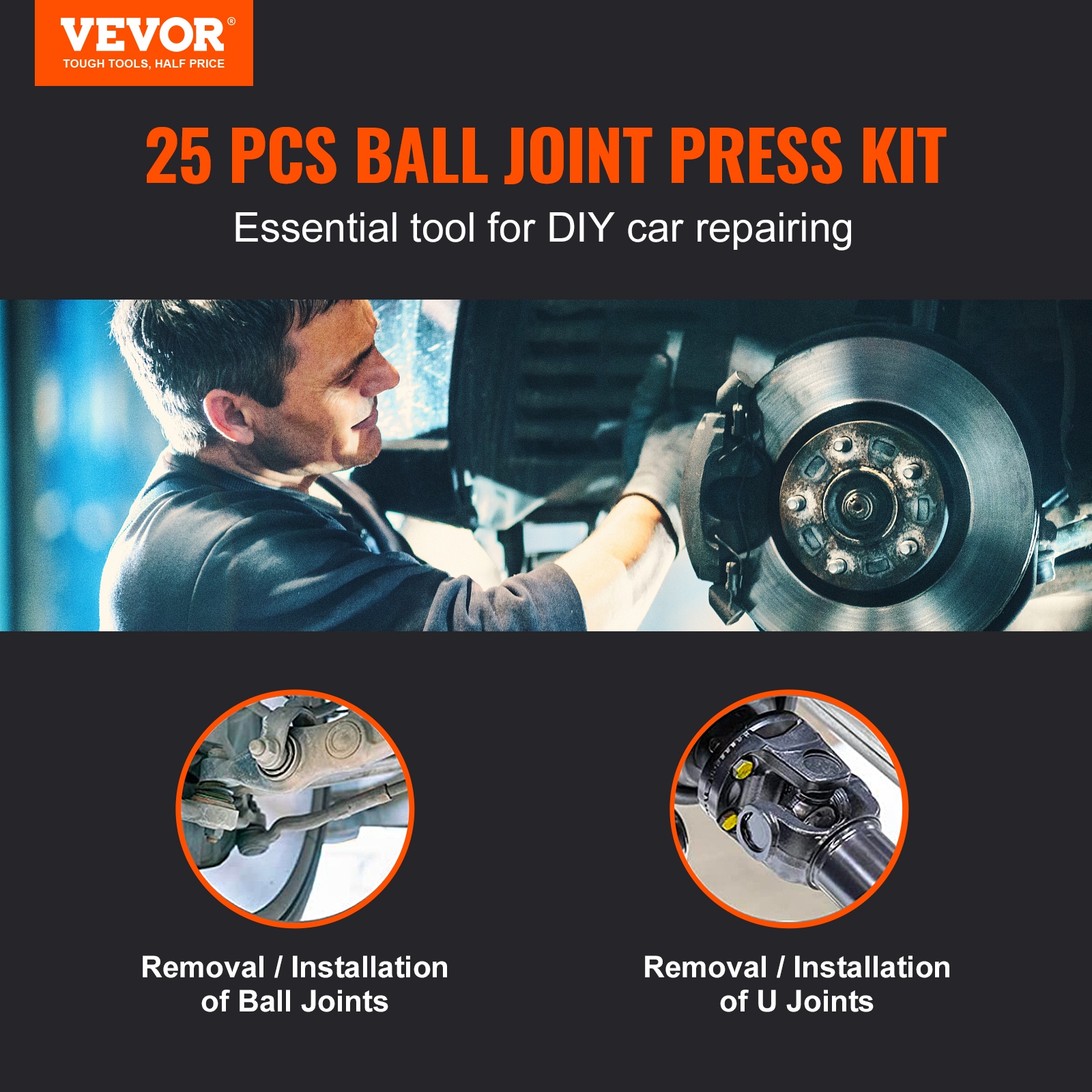 Kit de prensa de junta esférica VEVOR, 25 piezas, herramienta de kit, herramientas para quitar e instalar juntas esféricas en forma de C, para la mayoría de los autos 2wd y 4wd, kit de reparación de juntas esféricas resistente para reparación automotriz.
