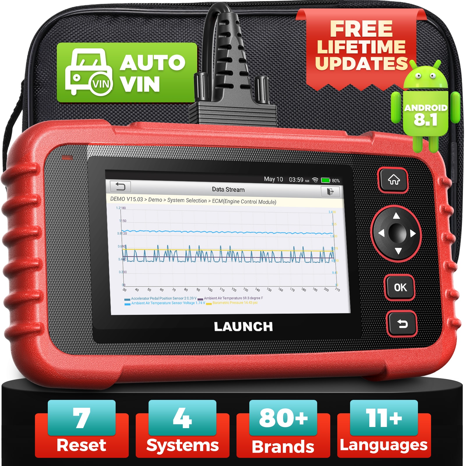 Herramienta de diagnóstico de vehículos con escáner OBD2 de 5 pulgadas, lector de códigos de falla para automóviles con 4 sistemas y 7 funciones SM23-123X
