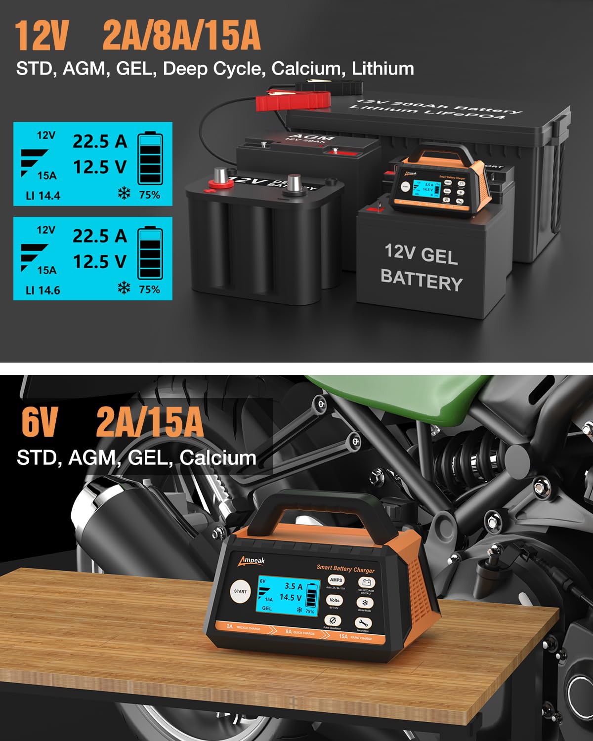 Cargador de batería para carro de 6/12 voltios Phivve 15 -Amp BC23-015