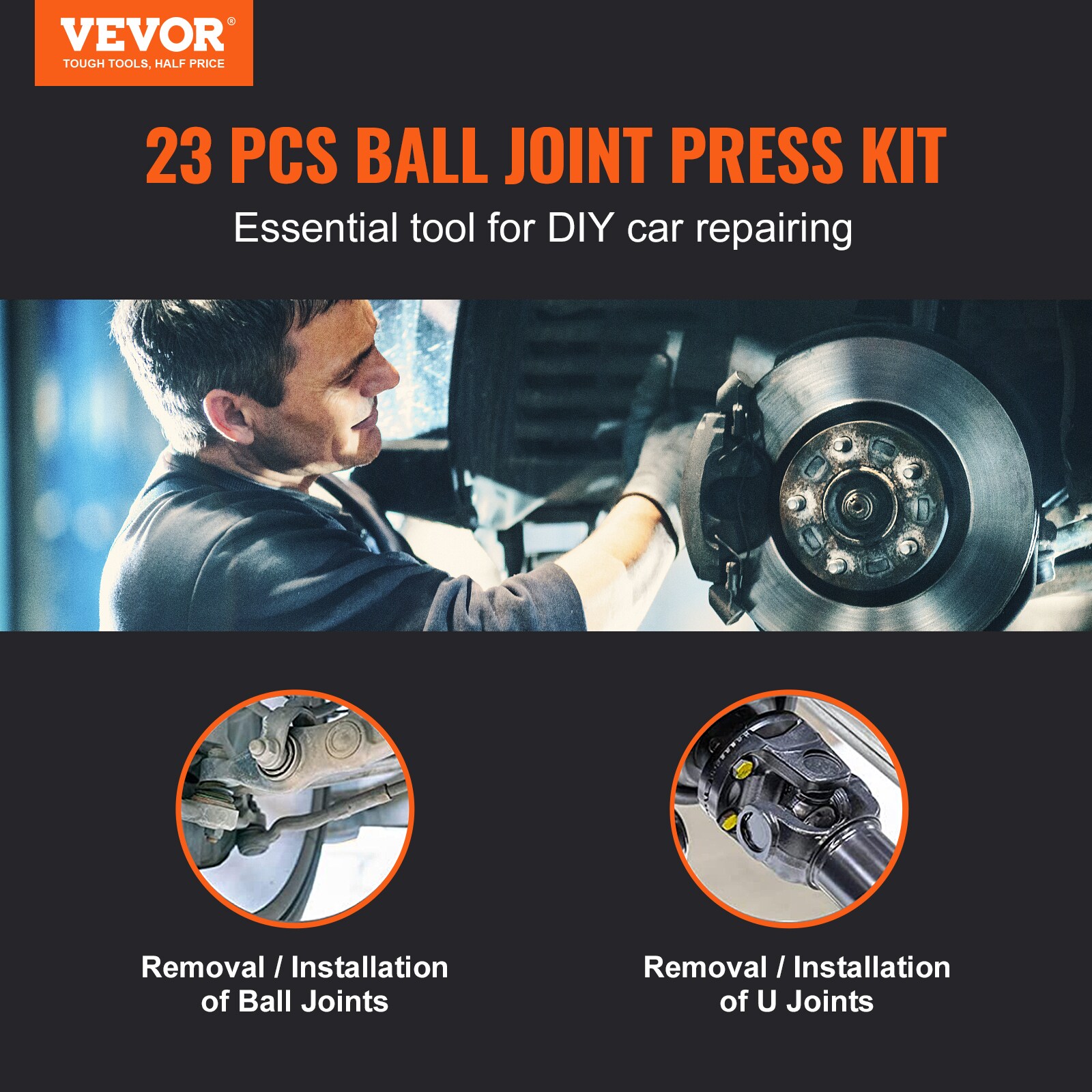 Kit de prensa de rótulas VEVOR, 23 piezas, juego de herramientas, Herramientas para quitar e instalar rótulas en forma de C, para la mayoría de autos 2WD y 4WD, Kit de reparación de rótulas resistente para reparación de automóviles