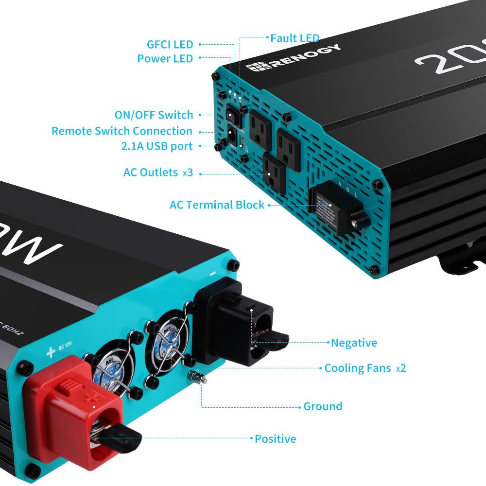 Inversor de Potencia Renogy de 2000 vatios RNG-INVT-2000-12V-P2