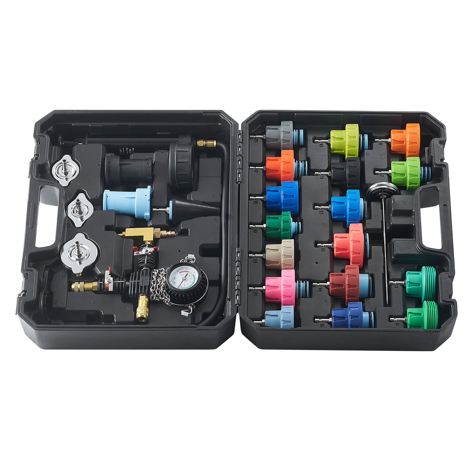 Kit de Prueba de Presión Universal para Radiador VEVOR de 28 piezas, Kit de Prueba de Presión de Refrigerante con Bomba Manual y Tapas de Prueba codificadas por Color, Kit de Recarga de Vacío de Refrigerante para Sistemas de Enfriamiento de Autos, Motocicletas y Camiones SRQLQYYLCSY29E5NUV0.