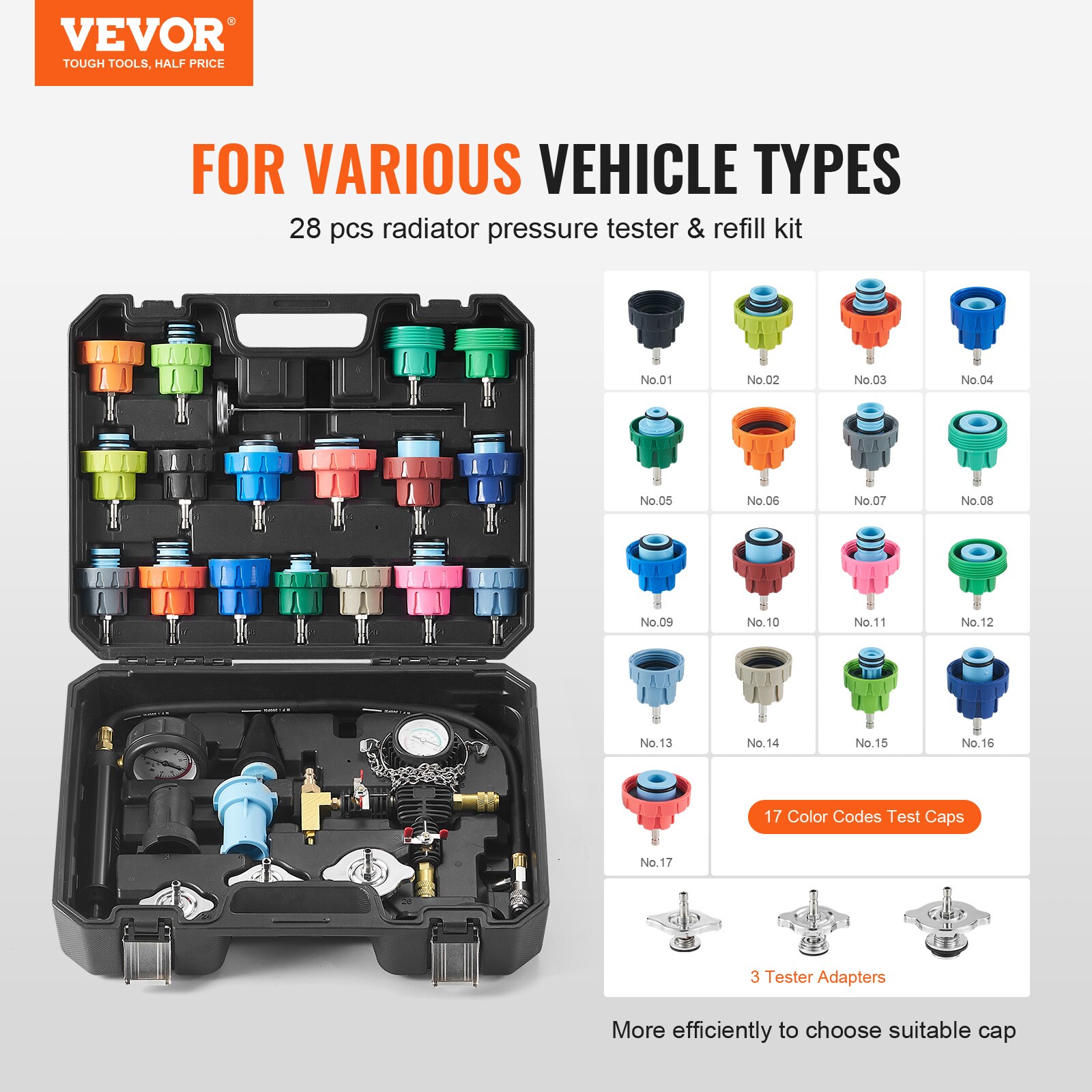 Kit de Prueba de Presión Universal para Radiador VEVOR de 28 piezas, Kit de Prueba de Presión de Refrigerante con Bomba Manual y Tapas de Prueba codificadas por Color, Kit de Recarga de Vacío de Refrigerante para Sistemas de Enfriamiento de Autos, Motocicletas y Camiones SRQLQYYLCSY29E5NUV0.