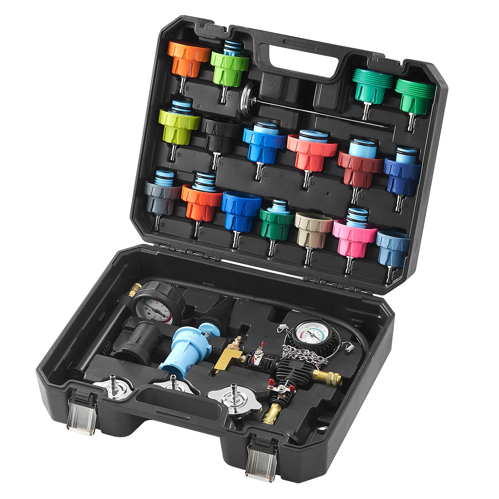 Kit de Prueba de Presión Universal para Radiador VEVOR de 28 piezas, Kit de Prueba de Presión de Refrigerante con Bomba Manual y Tapas de Prueba codificadas por Color, Kit de Recarga de Vacío de Refrigerante para Sistemas de Enfriamiento de Autos, Motocicletas y Camiones SRQLQYYLCSY29E5NUV0.