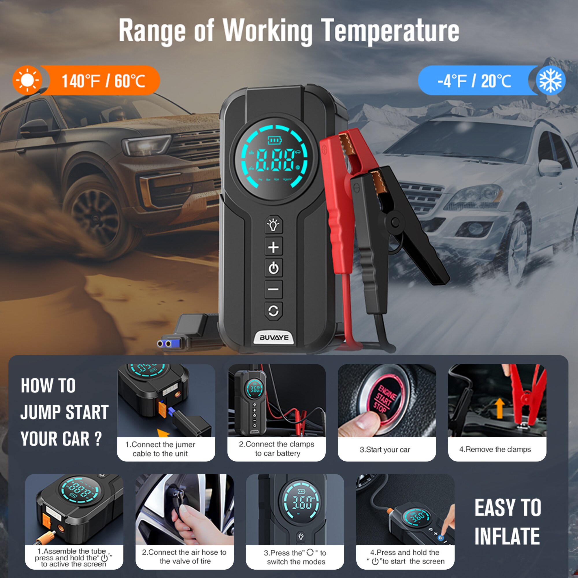 Arrancador de Batería Portátil de Coche de 2000 Amperes y 12 Volts con Pantalla Digital 3 en 1 Phivve JS23-007