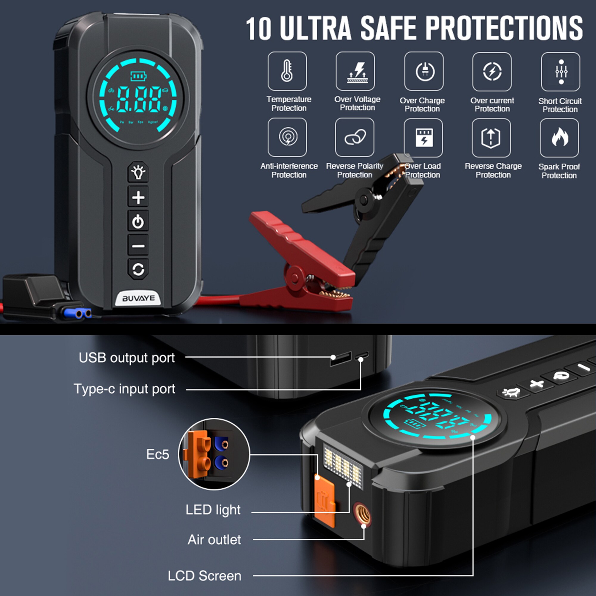 Arrancador de Batería Portátil de Coche de 2000 Amperes y 12 Volts con Pantalla Digital 3 en 1 Phivve JS23-007