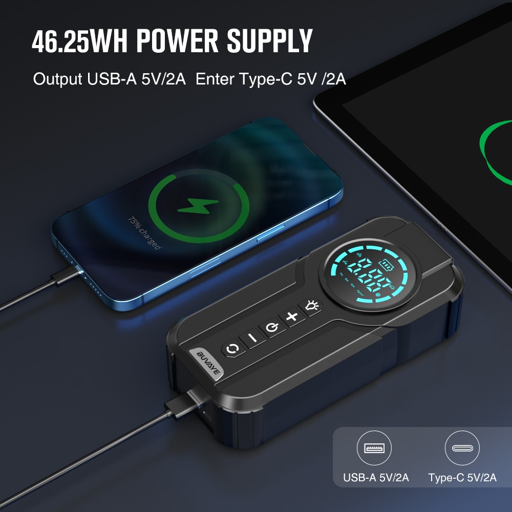 Arrancador de Batería Portátil de Coche de 2000 Amperes y 12 Volts con Pantalla Digital 3 en 1 Phivve JS23-007