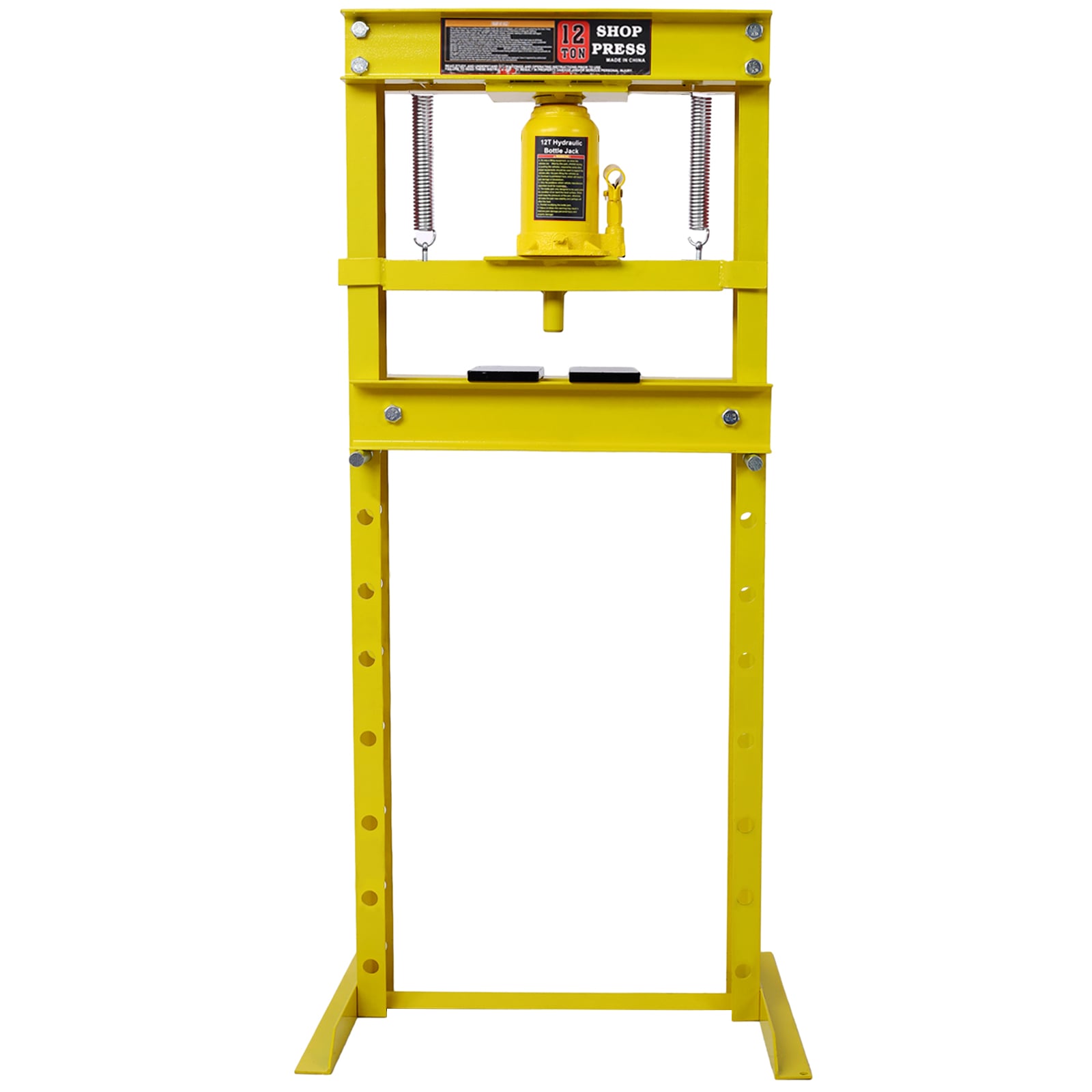 Prensa hidráulica de taller Kahomvis, capacidad de 12 toneladas, montaje en piso, con placas de prensado, prensa de piso tipo H para garaje, altura de mesa de trabajo ajustable, amarilla GH-QP214-709