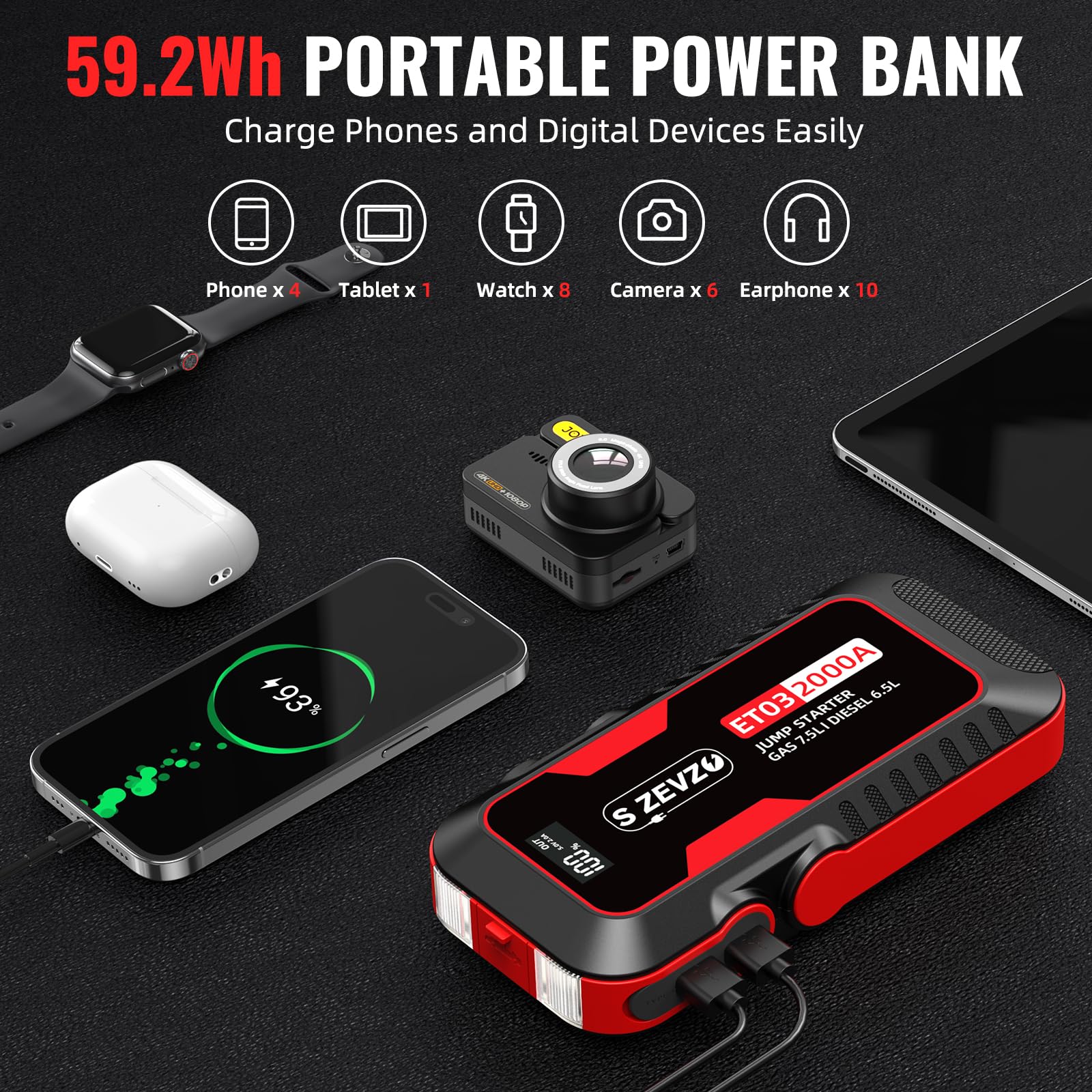 Arrancador de batería portátil de coche de 12 voltios con pantalla digital - Phivve 2000 -Amp JS23-003