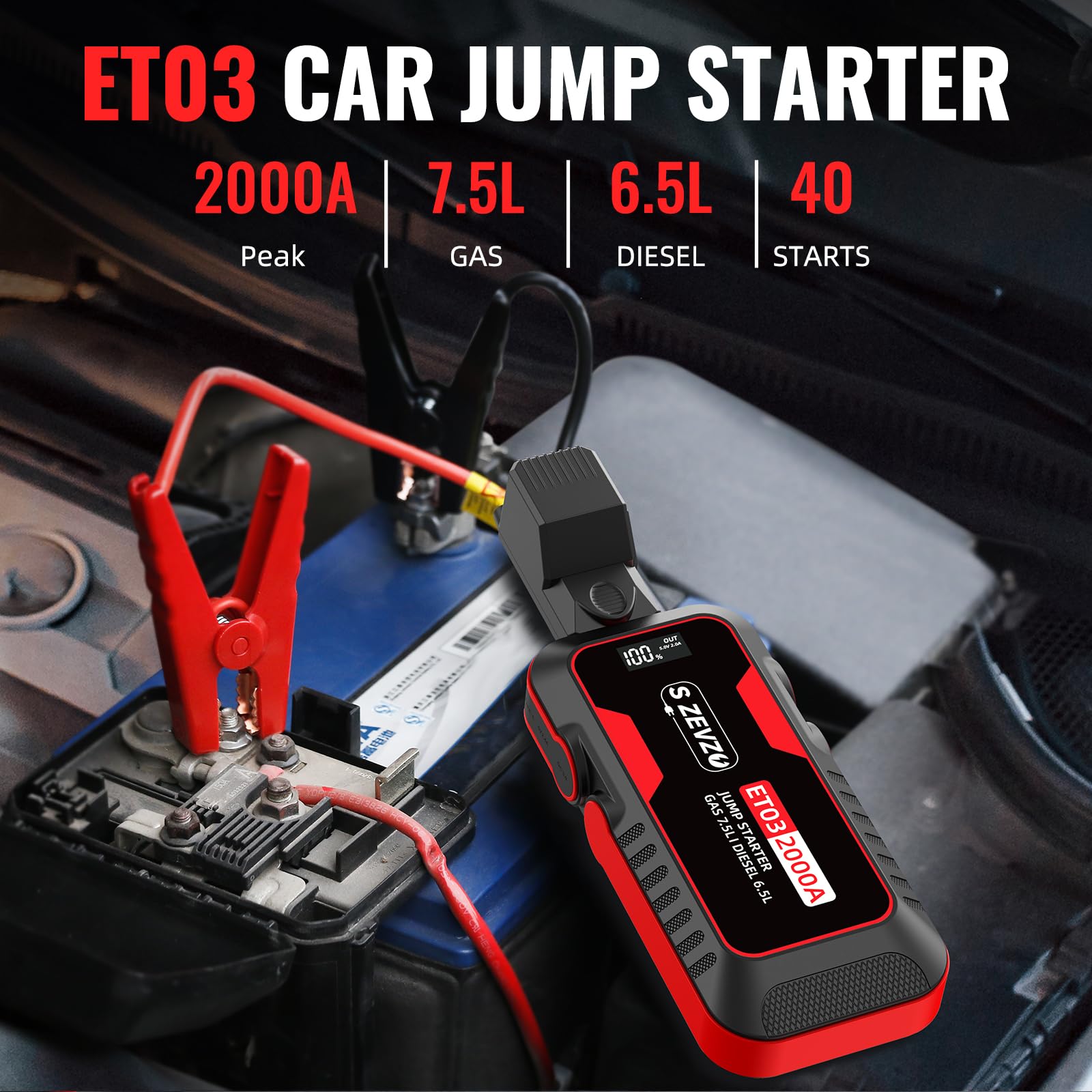 Arrancador de batería portátil de coche de 12 voltios con pantalla digital - Phivve 2000 -Amp JS23-003
