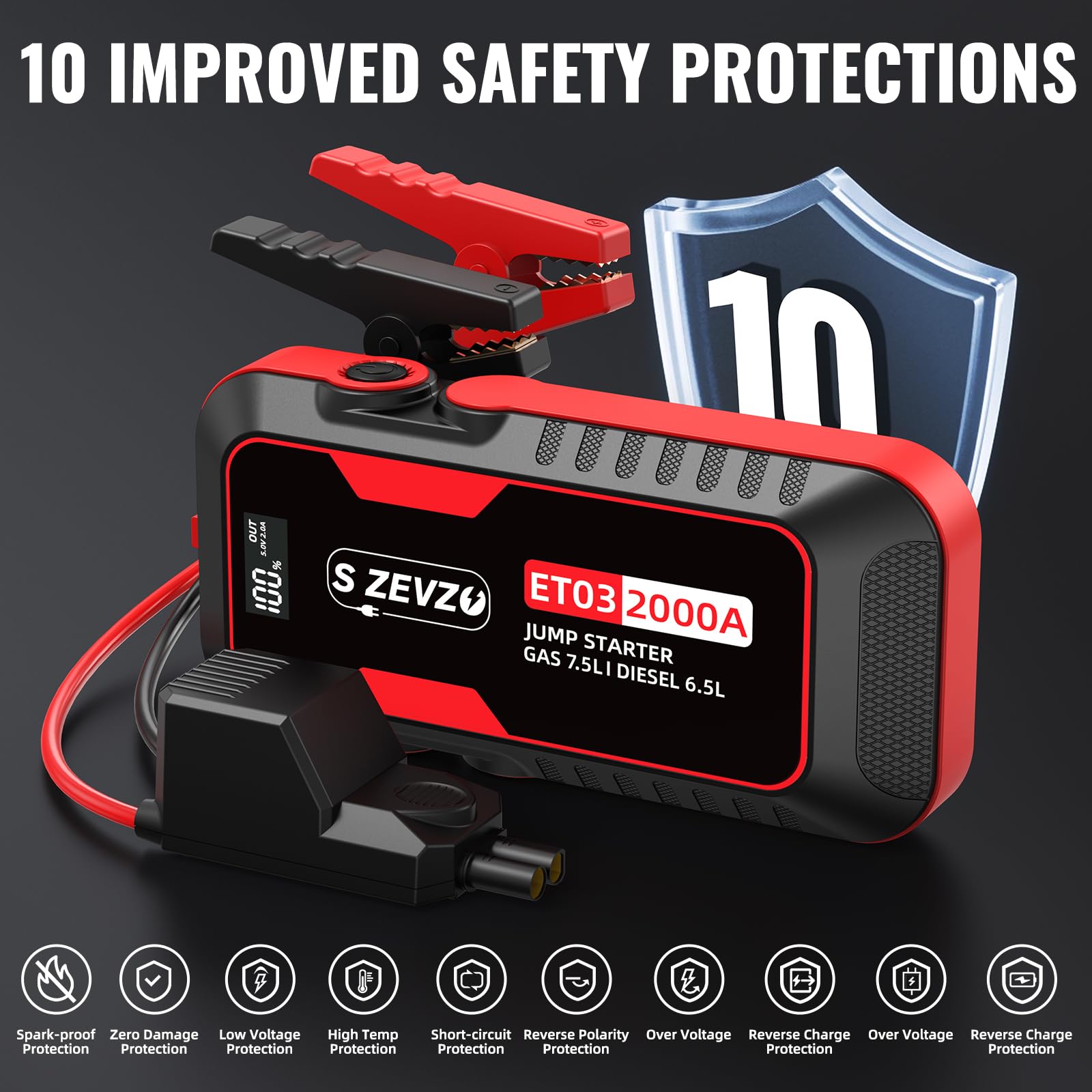 Arrancador de batería portátil de coche de 12 voltios con pantalla digital - Phivve 2000 -Amp JS23-003