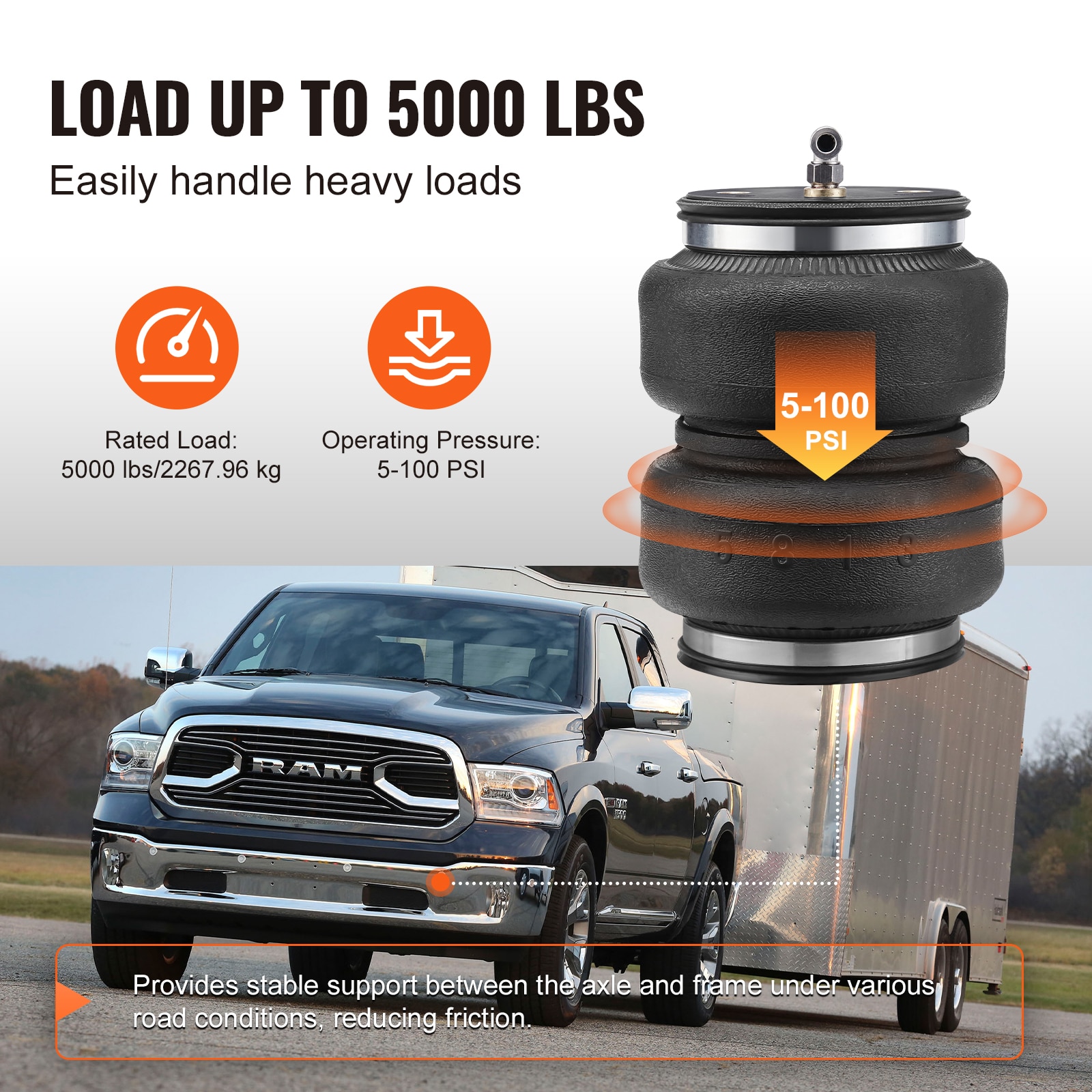 Kit de suspensión de bolsa de aire VEVOR, Kit de bolsa de suspensión de resortes de aire compatible con Dodge Ram 1500 de 2011 a 2018, Dodge Ram 1500 Classic de 2019 a 2021, 5000 libras de carga, 5 a 100 PSI