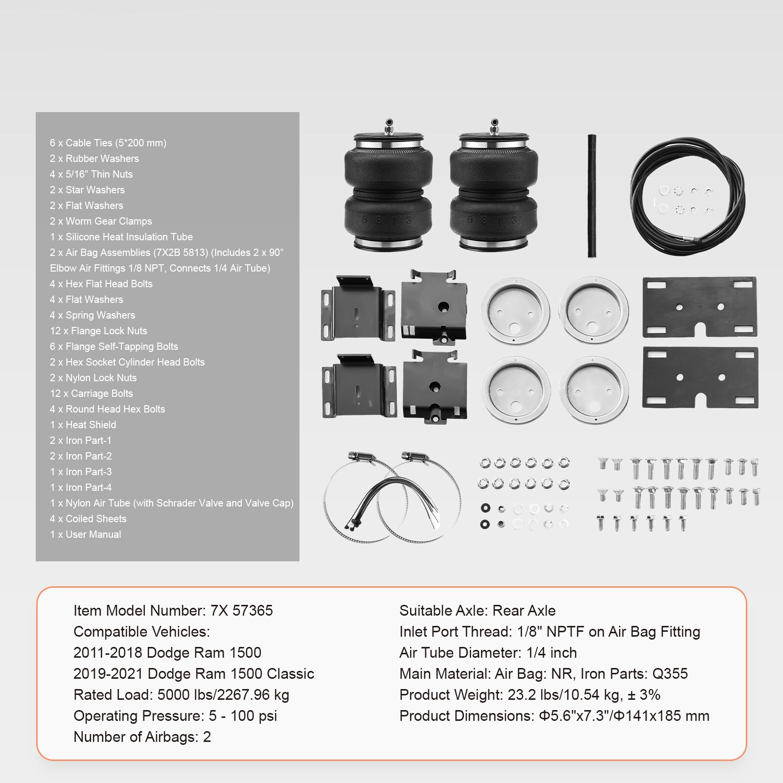 Kit de suspensión de bolsa de aire VEVOR, Kit de bolsa de suspensión de resortes de aire compatible con Dodge Ram 1500 de 2011 a 2018, Dodge Ram 1500 Classic de 2019 a 2021, 5000 libras de carga, 5 a 100 PSI