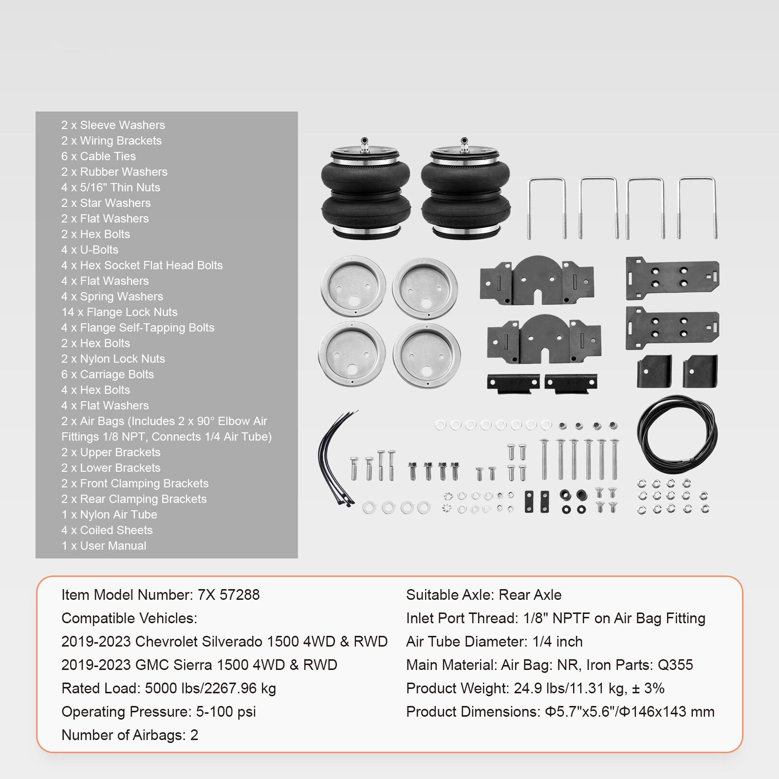 Kit de suspensión de bolsa de aire VEVOR, Kit de bolsa de suspensión de resortes de aire compatible con Chevrolet Silverado 1500 y GMC Sierra 1500 4WD RWD 2019-2023, Carga de 5000 lbs, 5 a 100 PSI AQQNXJTJ5000BEBQ7V0