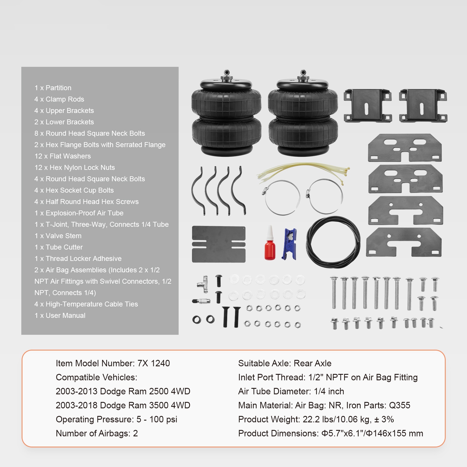 Kit de Suspensión de Bolsas de Aire VEVOR, Kit de Bolsas de Suspensión de Aire Compatible con Dodge Ram 2500 4WD 2003-2013, Dodge Ram 3500 4WD 2003-2018, Capacidad de Carga de 5000 lbs, Presión de 5 a 100 PSI