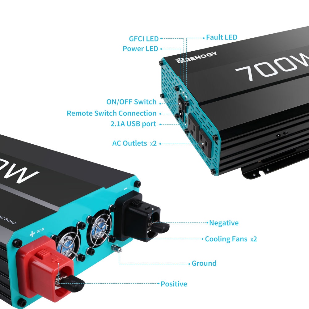 Inversor de Potencia Renogy de 700 Vatios RNG-INVT-700-12V-P2