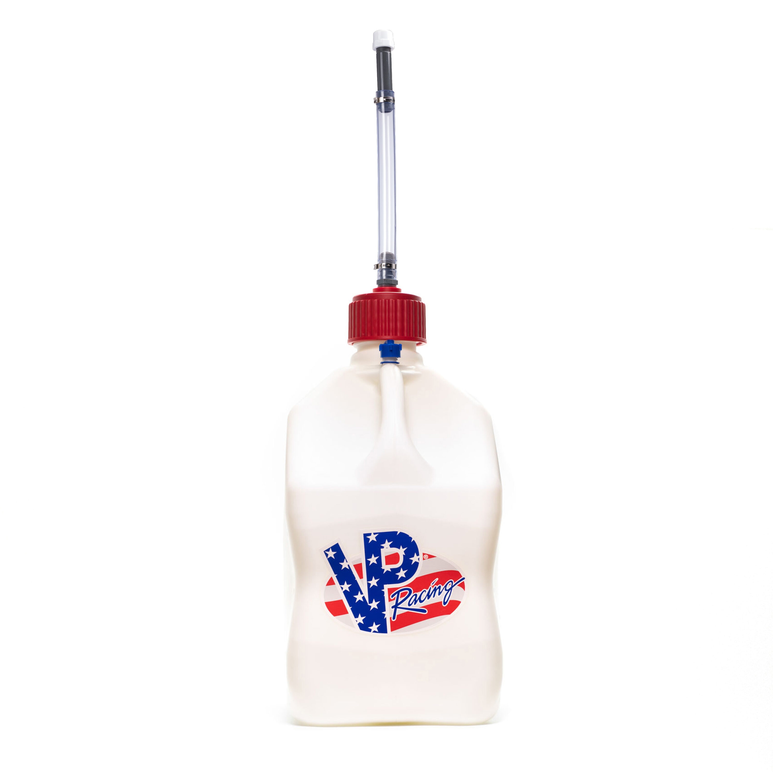 Bidón utilitario de motorsport de 5.5 galones con temática patriótica de VP Racing Fuels con manguera deluxe 35210-CA