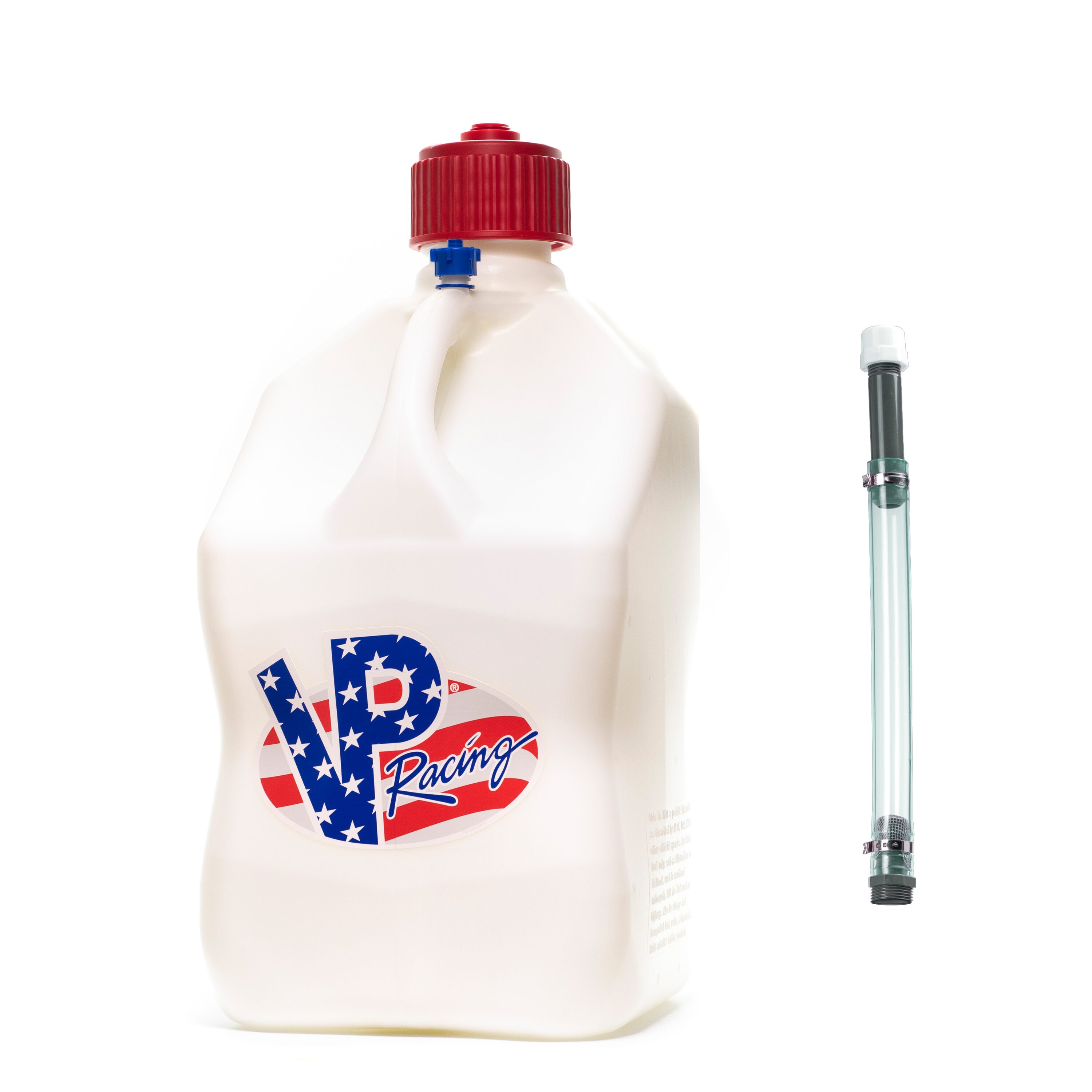 Bidón utilitario de motorsport de 5.5 galones con temática patriótica de VP Racing Fuels con manguera deluxe 35210-CA