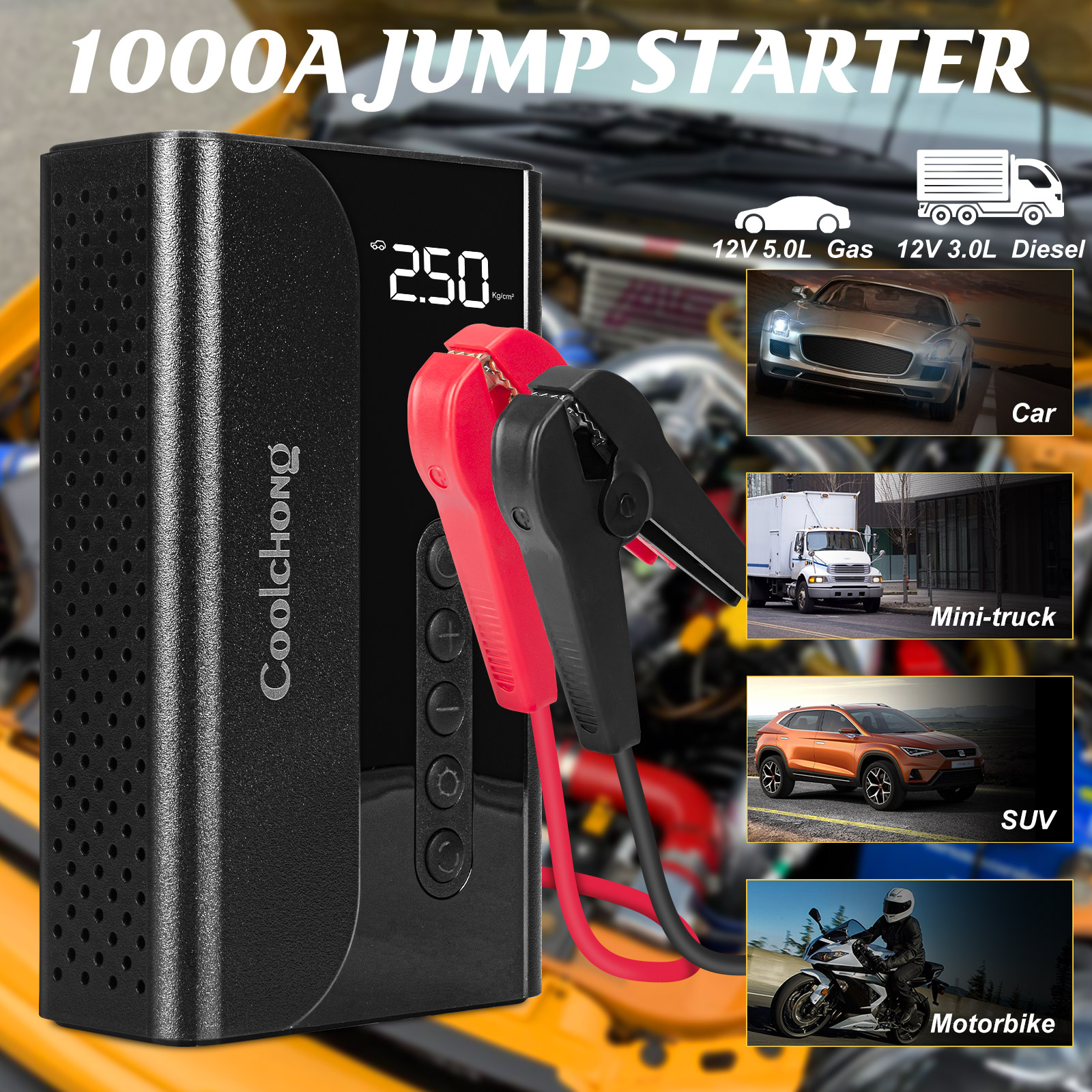 Arrancador de batería portátil de 1000 amperios y 12 voltios para auto con pantalla digital JS23-001