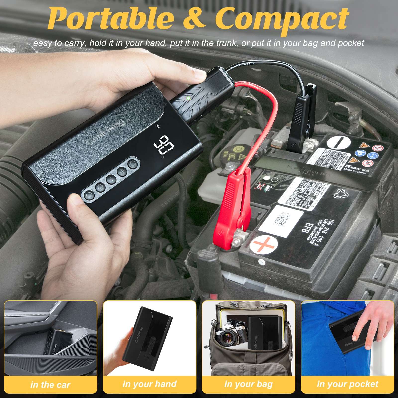 Arrancador de batería portátil de 1000 amperios y 12 voltios para auto con pantalla digital JS23-001