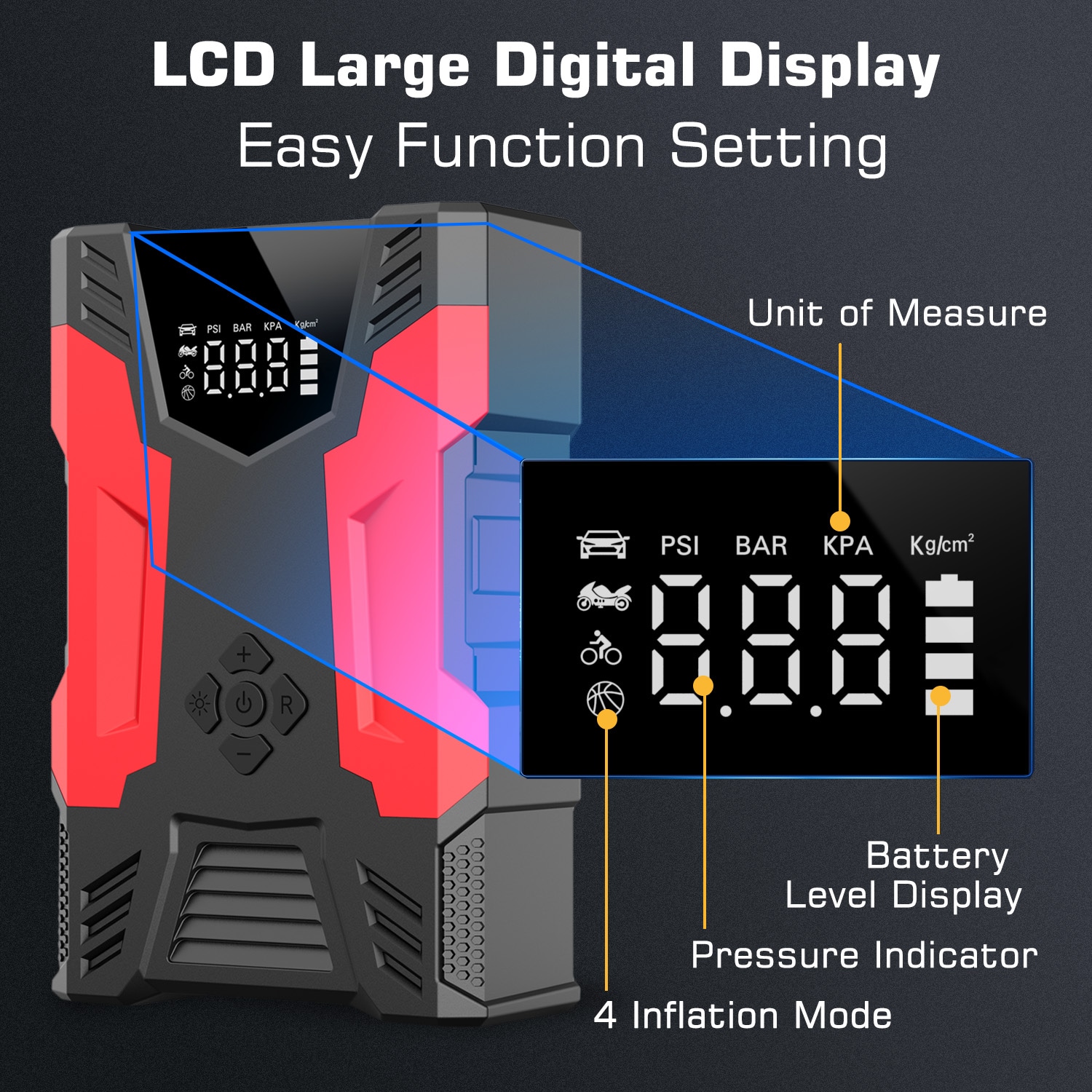 Arrancador Digital con Compresor de Aire 3000 Amperios y 14.8 Voltios - Arrancador Portátil de Batería para Coche con Pantalla Digital A23