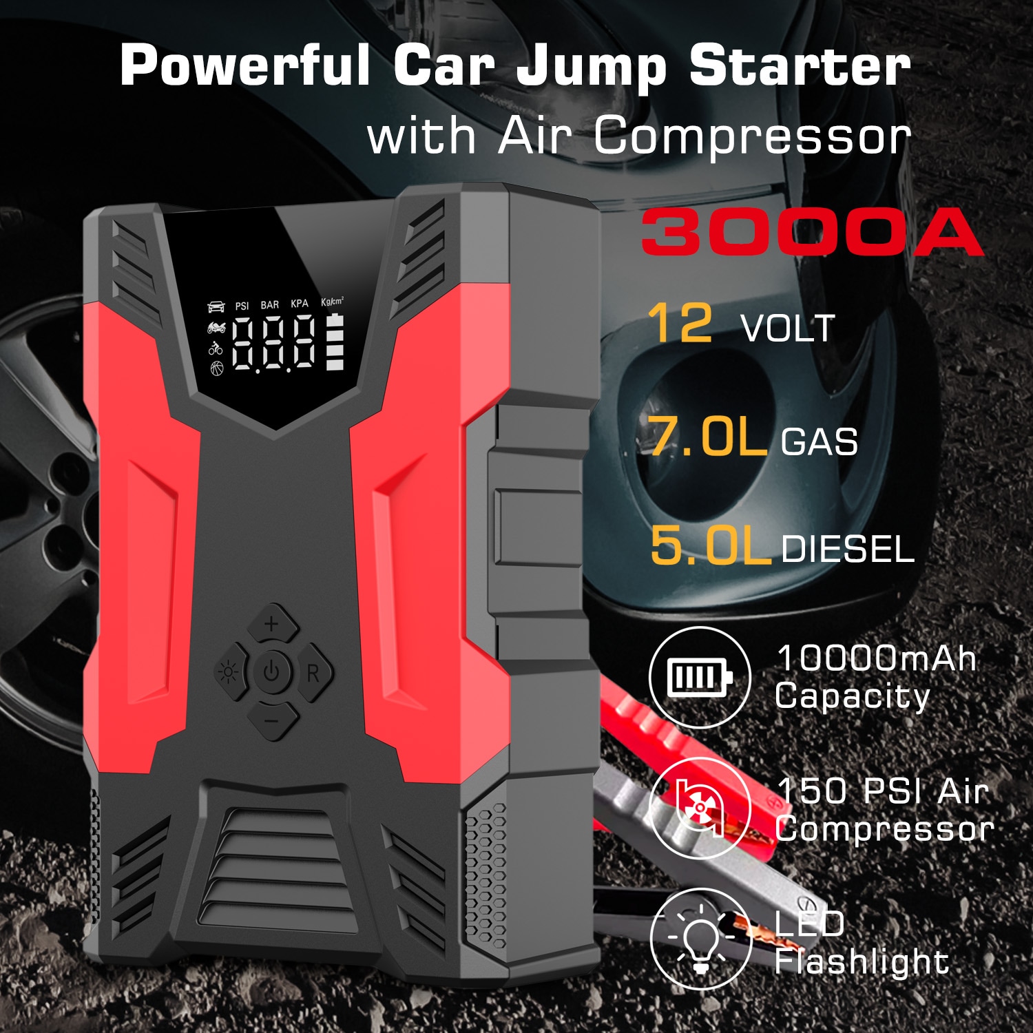 Arrancador Digital con Compresor de Aire 3000 Amperios y 14.8 Voltios - Arrancador Portátil de Batería para Coche con Pantalla Digital A23