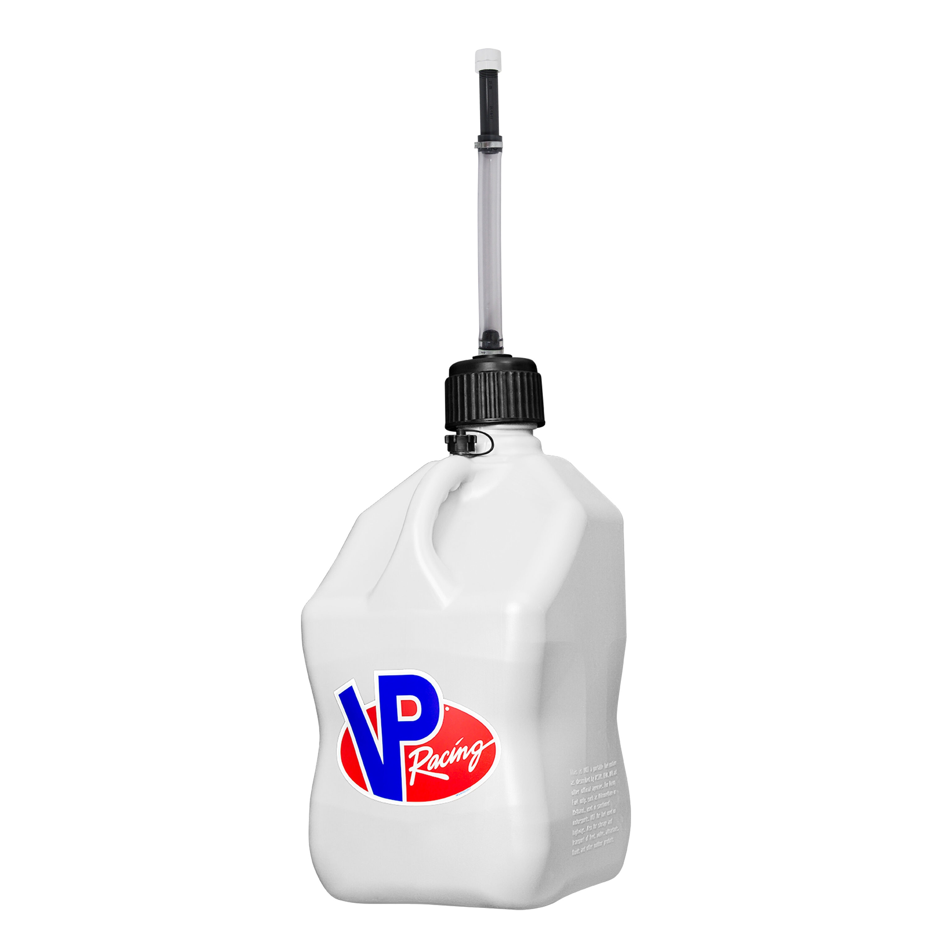 Bidón utilitario para deportes de motor VP Racing Fuels Blanco de 5.5 galones con manguera de lujo 3520-CA