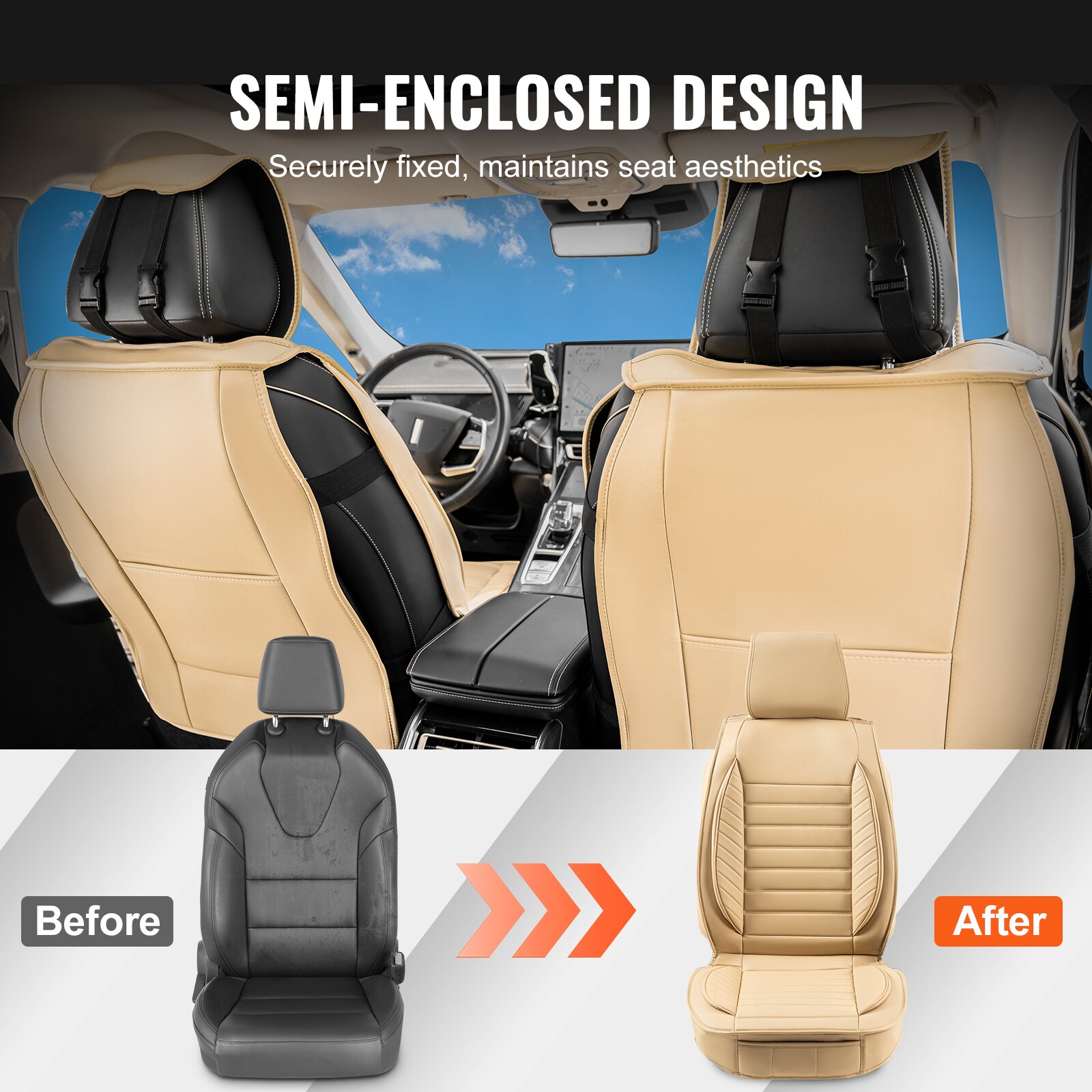 Cubiertas de Asientos para Automóvil, Cubiertas Universales para Asientos Delanteros, 2 piezas de Cubiertas de Asiento de Cuero Sintético, Diseño Semi-cerrado, Compatible con Reposacabezas Desmontables y Airbag, Para la mayoría de los Autos, SUVs y Camionetas, color Beige