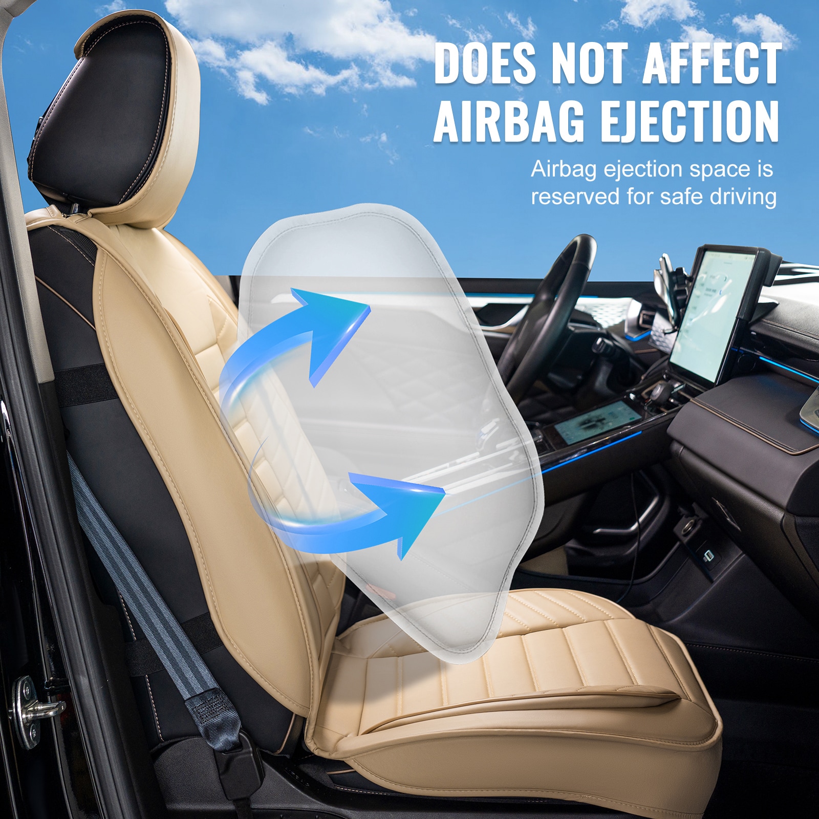Cubiertas de Asientos para Automóvil, Cubiertas Universales para Asientos Delanteros, 2 piezas de Cubiertas de Asiento de Cuero Sintético, Diseño Semi-cerrado, Compatible con Reposacabezas Desmontables y Airbag, Para la mayoría de los Autos, SUVs y Camionetas, color Beige