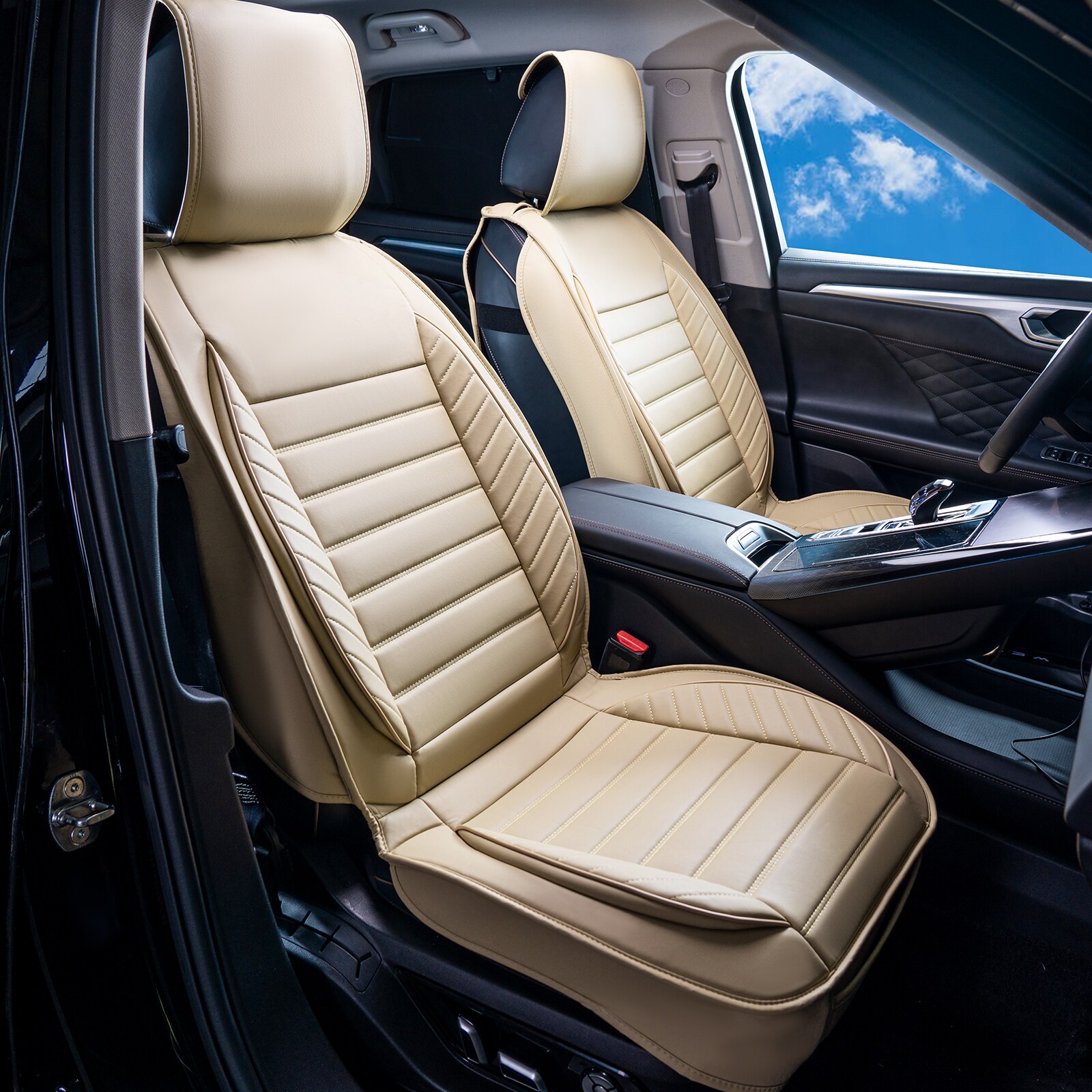 Cubiertas de Asientos para Automóvil, Cubiertas Universales para Asientos Delanteros, 2 piezas de Cubiertas de Asiento de Cuero Sintético, Diseño Semi-cerrado, Compatible con Reposacabezas Desmontables y Airbag, Para la mayoría de los Autos, SUVs y Camionetas, color Beige