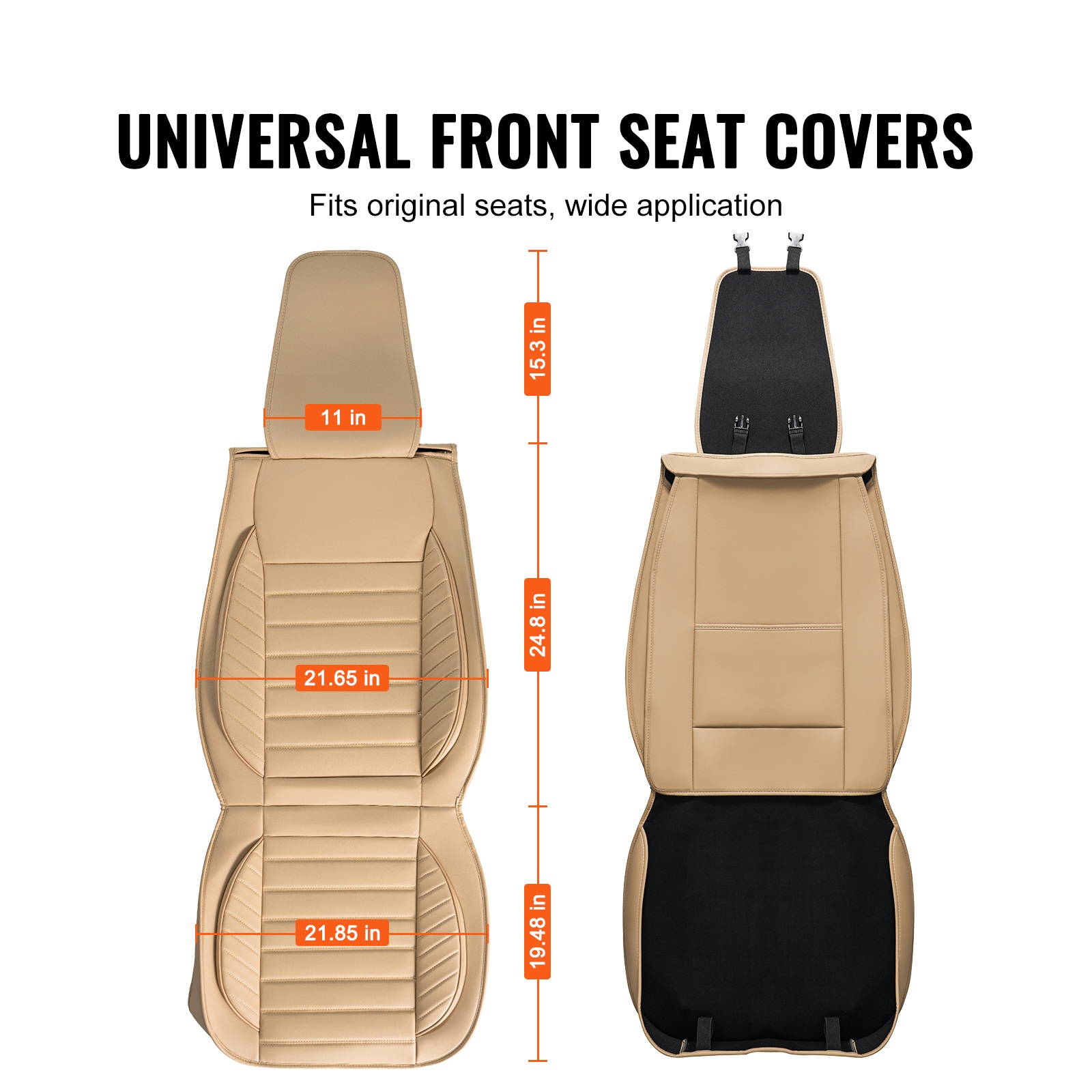 Cubiertas de Asientos para Automóvil, Cubiertas Universales para Asientos Delanteros, 2 piezas de Cubiertas de Asiento de Cuero Sintético, Diseño Semi-cerrado, Compatible con Reposacabezas Desmontables y Airbag, Para la mayoría de los Autos, SUVs y Camionetas, color Beige