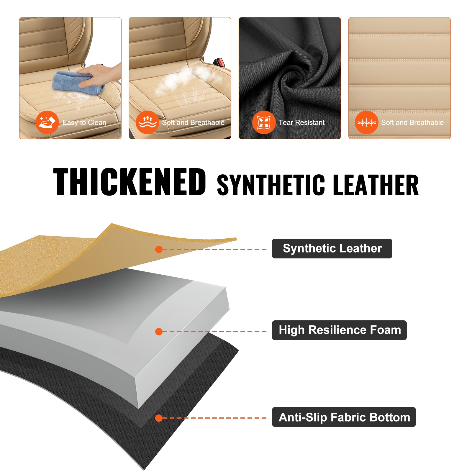 Cubiertas de Asientos para Automóvil, Cubiertas Universales para Asientos Delanteros, 2 piezas de Cubiertas de Asiento de Cuero Sintético, Diseño Semi-cerrado, Compatible con Reposacabezas Desmontables y Airbag, Para la mayoría de los Autos, SUVs y Camionetas, color Beige