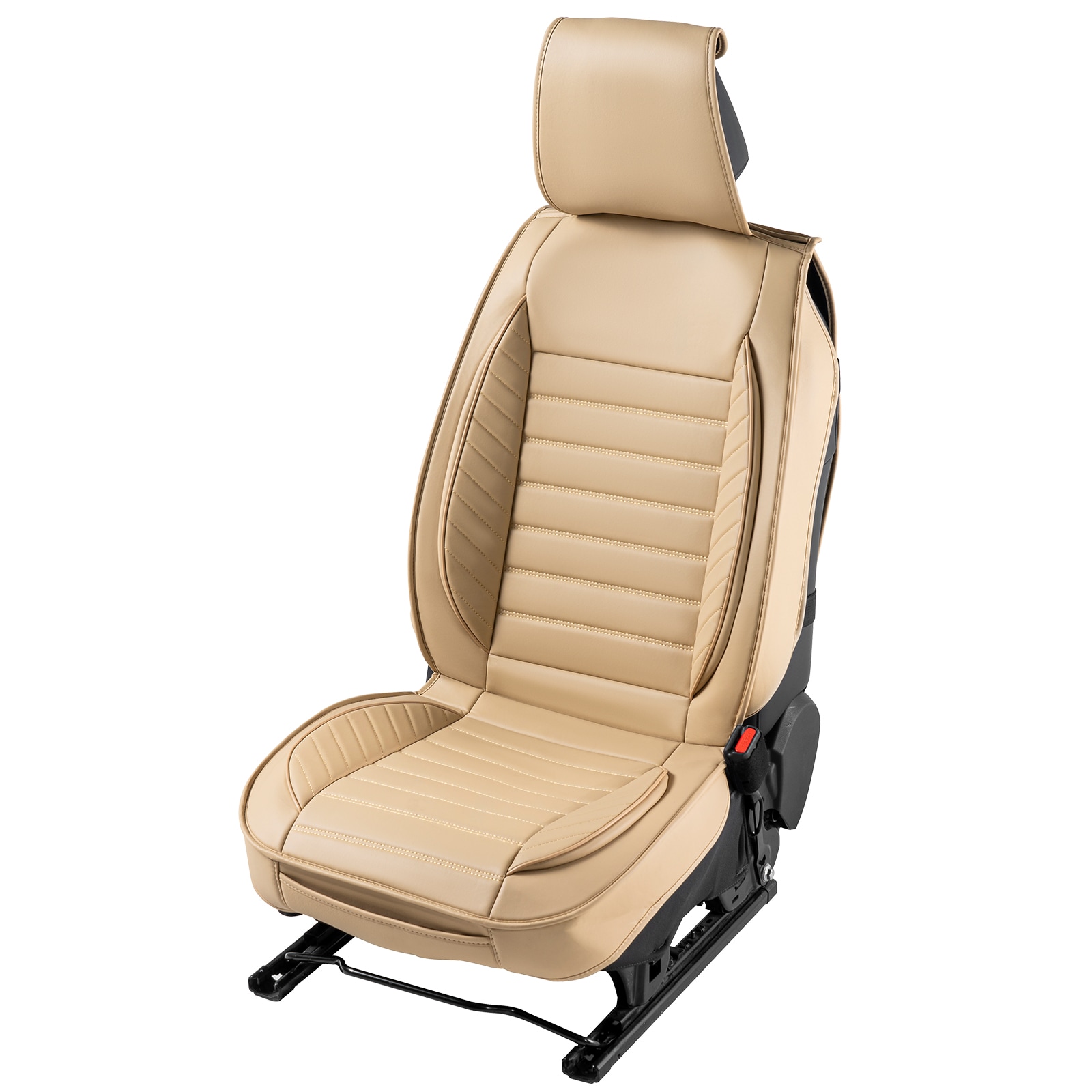 Cubiertas de Asientos para Automóvil, Cubiertas Universales para Asientos Delanteros, 2 piezas de Cubiertas de Asiento de Cuero Sintético, Diseño Semi-cerrado, Compatible con Reposacabezas Desmontables y Airbag, Para la mayoría de los Autos, SUVs y Camionetas, color Beige