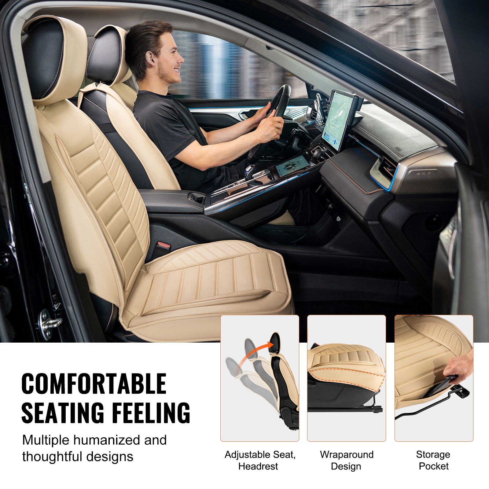 Cubiertas de Asientos para Automóvil, Cubiertas Universales para Asientos Delanteros, 2 piezas de Cubiertas de Asiento de Cuero Sintético, Diseño Semi-cerrado, Compatible con Reposacabezas Desmontables y Airbag, Para la mayoría de los Autos, SUVs y Camionetas, color Beige