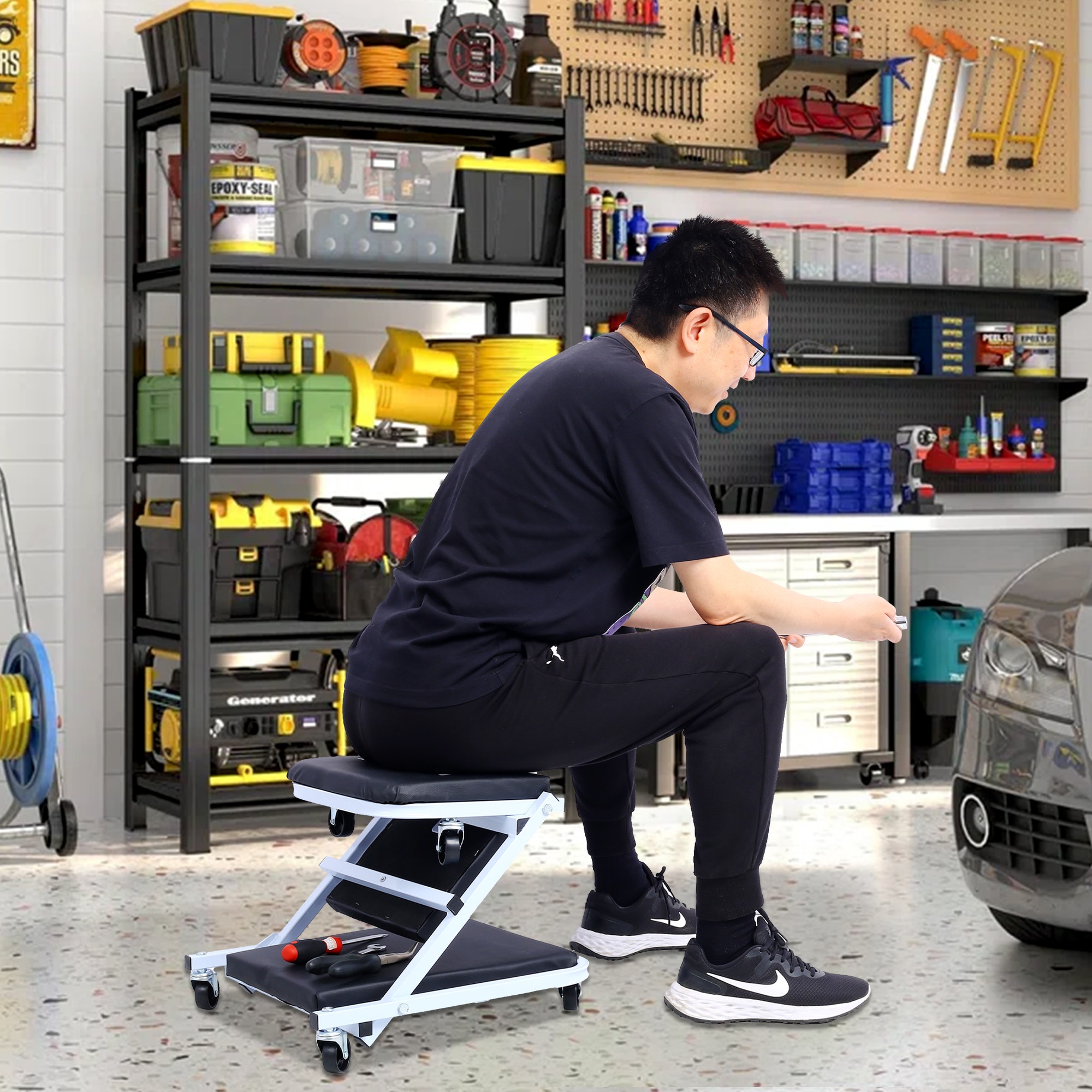 Rodillo mecánico Kahomvis, regalo para el garaje, asiento Z de rodillo mecánico de 36 pulgadas, regalos 2 en 1 para mecánicos, capacidad de 300 libras, rodillo de perfil bajo con 6 ruedas en el garaje/tienda para regalo del Día del Padre, negro GH-QP214-606.
