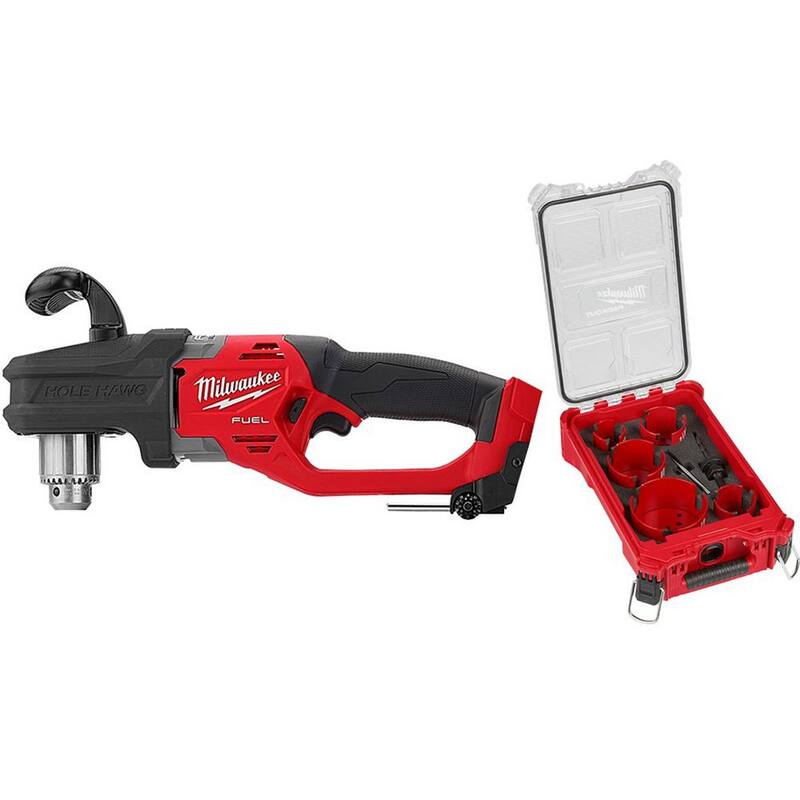 Milwaukee M18 FUEL GEN II Taladro Angular Derecho Hole Hawg Inalámbrico sin Cepillo de Iones de Litio de 18 Voltios con Kit de Sierras de Corona PACKOUT de 1/2 pulgadas - 2807-20-49-56-9295