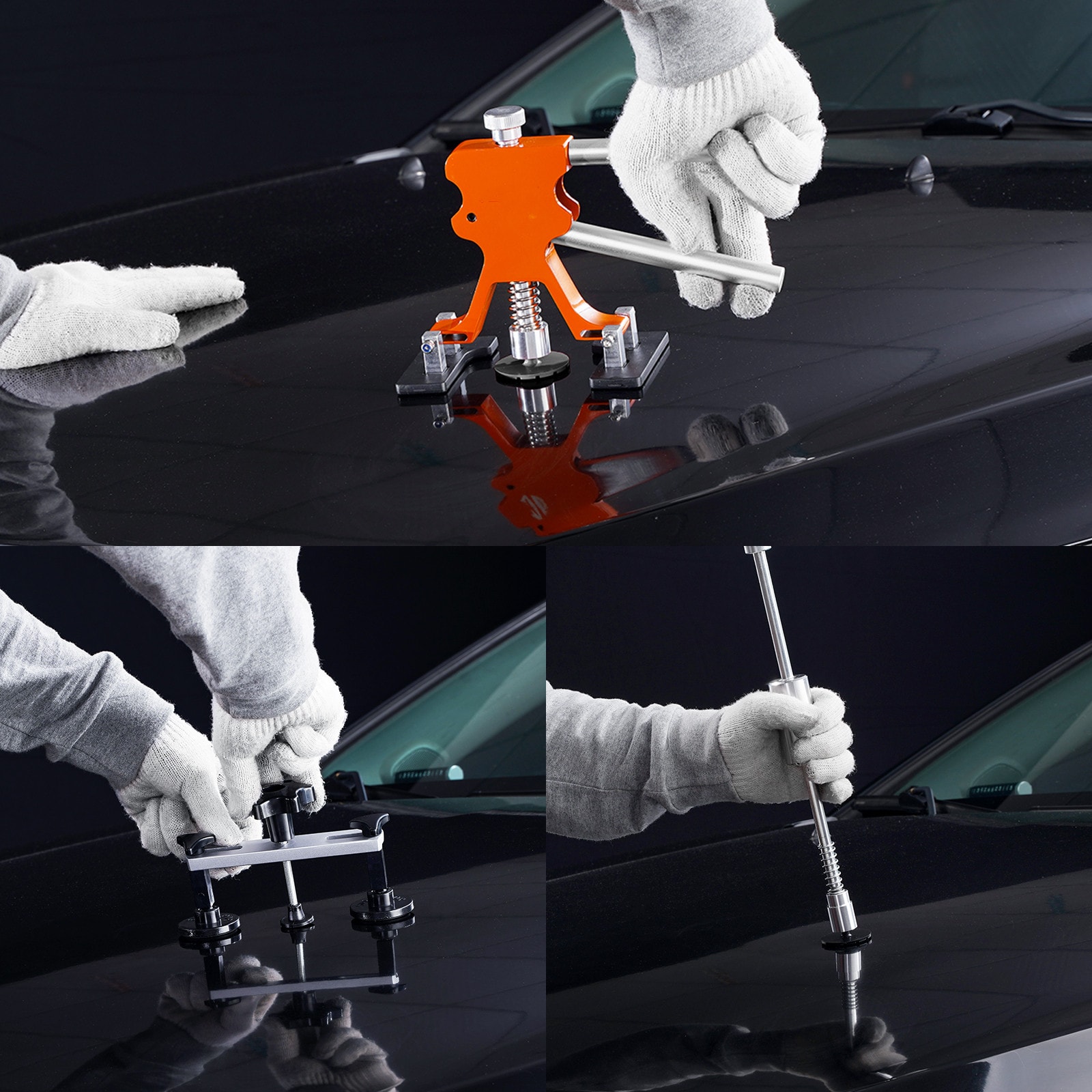 Set de 69 piezas para reparación de abolladuras sin pintura en autos, incluye elevador dorado, puente tirador y martillo deslizante, ideal para lavado de carrocería de autos, lavadoras y refrigeradores.