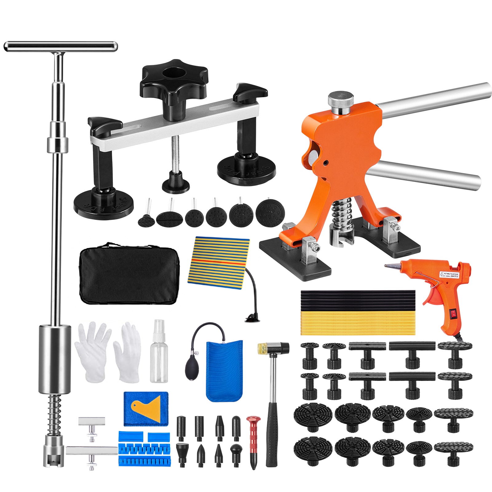 Set de 69 piezas para reparación de abolladuras sin pintura en autos, incluye elevador dorado, puente tirador y martillo deslizante, ideal para lavado de carrocería de autos, lavadoras y refrigeradores.
