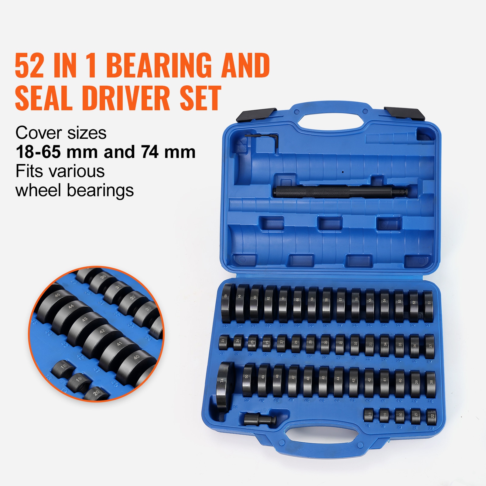 Conjunto de 52 piezas para empujar cojinetes y sellos, incluye discos métricos de 18-65mm y 74mm para ejes de rueda y transmisión. Herramienta para prensar cojinetes y extraer bujes SVOPES52JTZCH03548V0