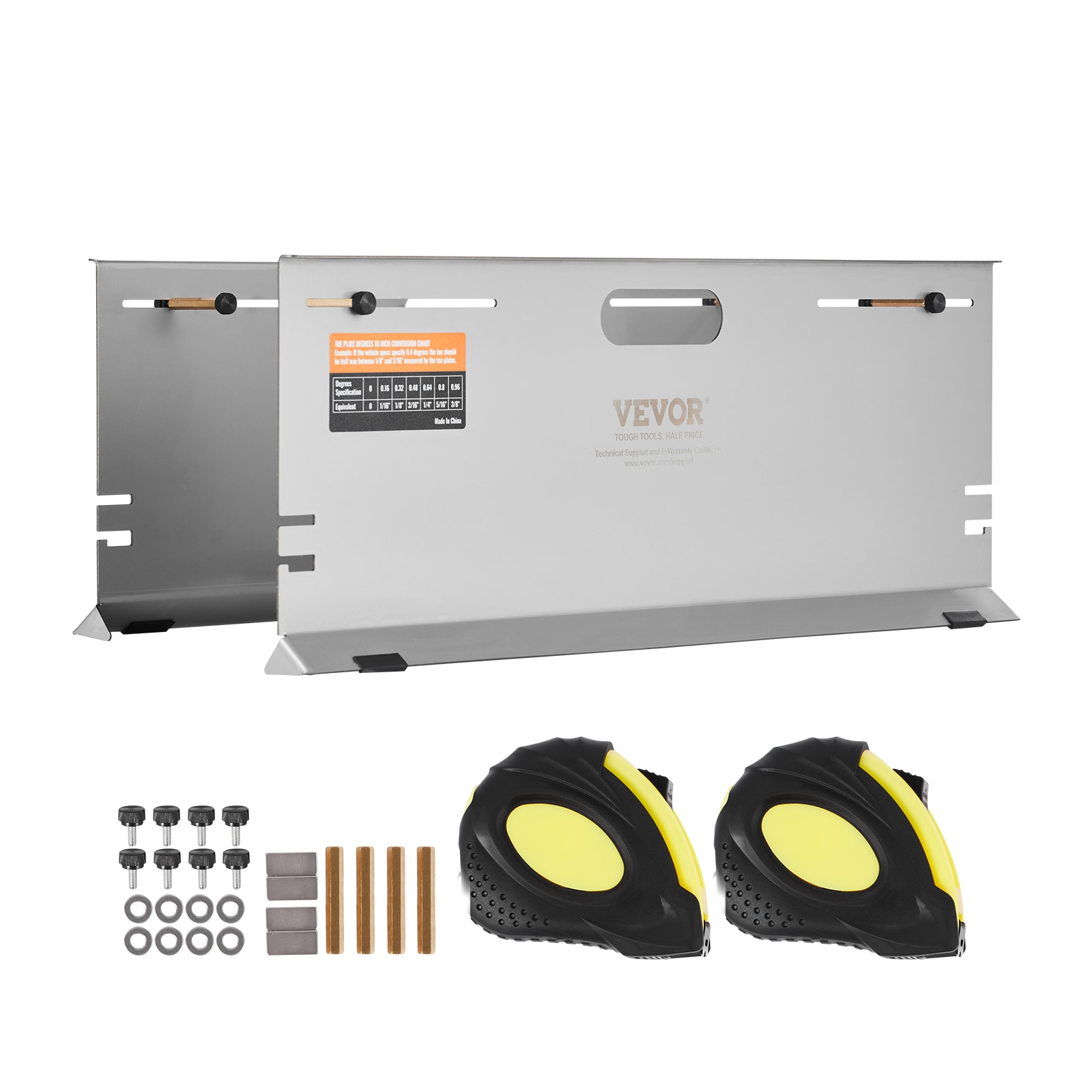Herramienta de alineación de ruedas VEVOR, 2 placas de alineación para dedos, placa de medición de ángulo de dedos de acero inoxidable, 4 barras de alineación y ranuras magnéticas, incluye cintas métricas y tabla de conversión