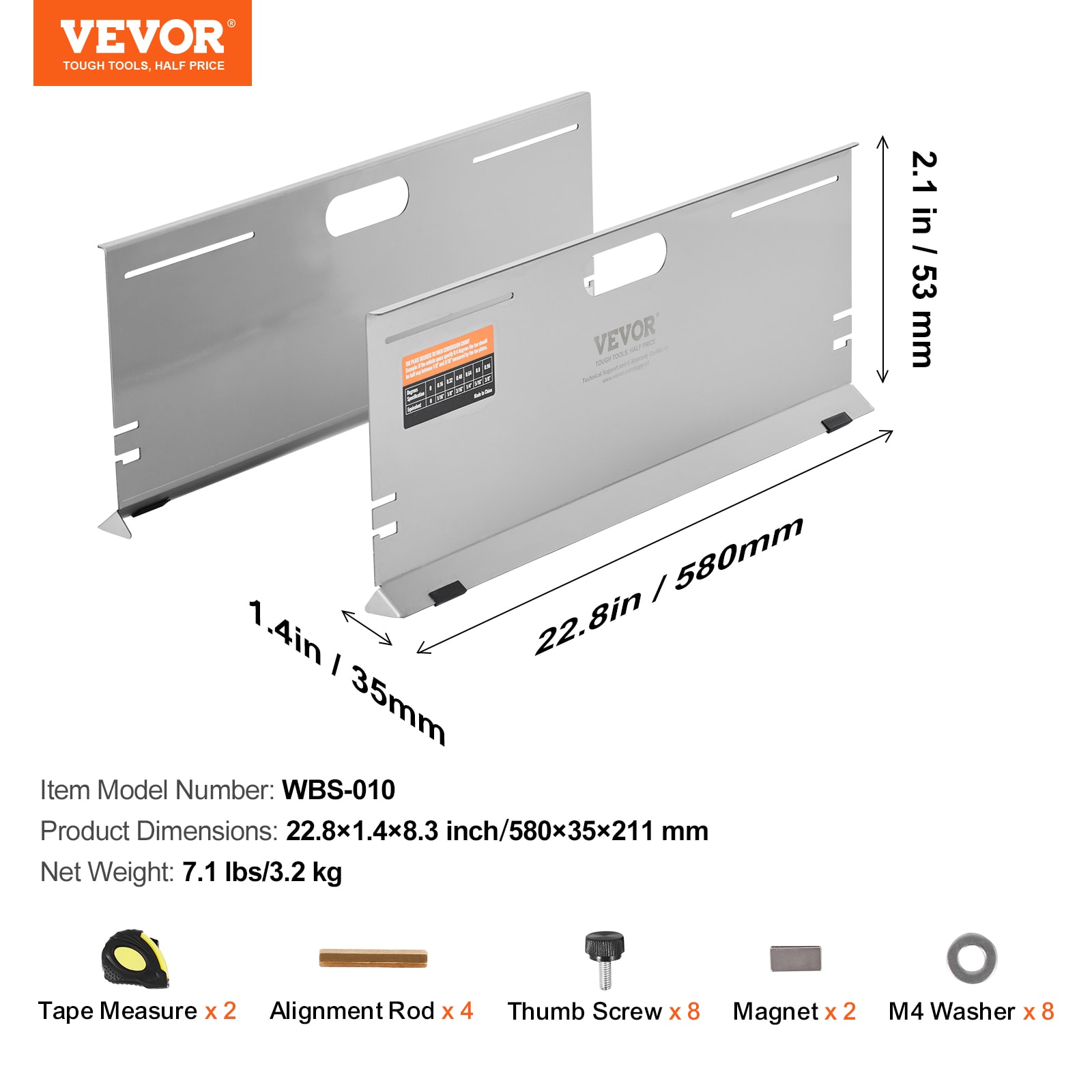 Herramienta de alineación de ruedas VEVOR, 2 placas de alineación para dedos, placa de medición de ángulo de dedos de acero inoxidable, 4 barras de alineación y ranuras magnéticas, incluye cintas métricas y tabla de conversión