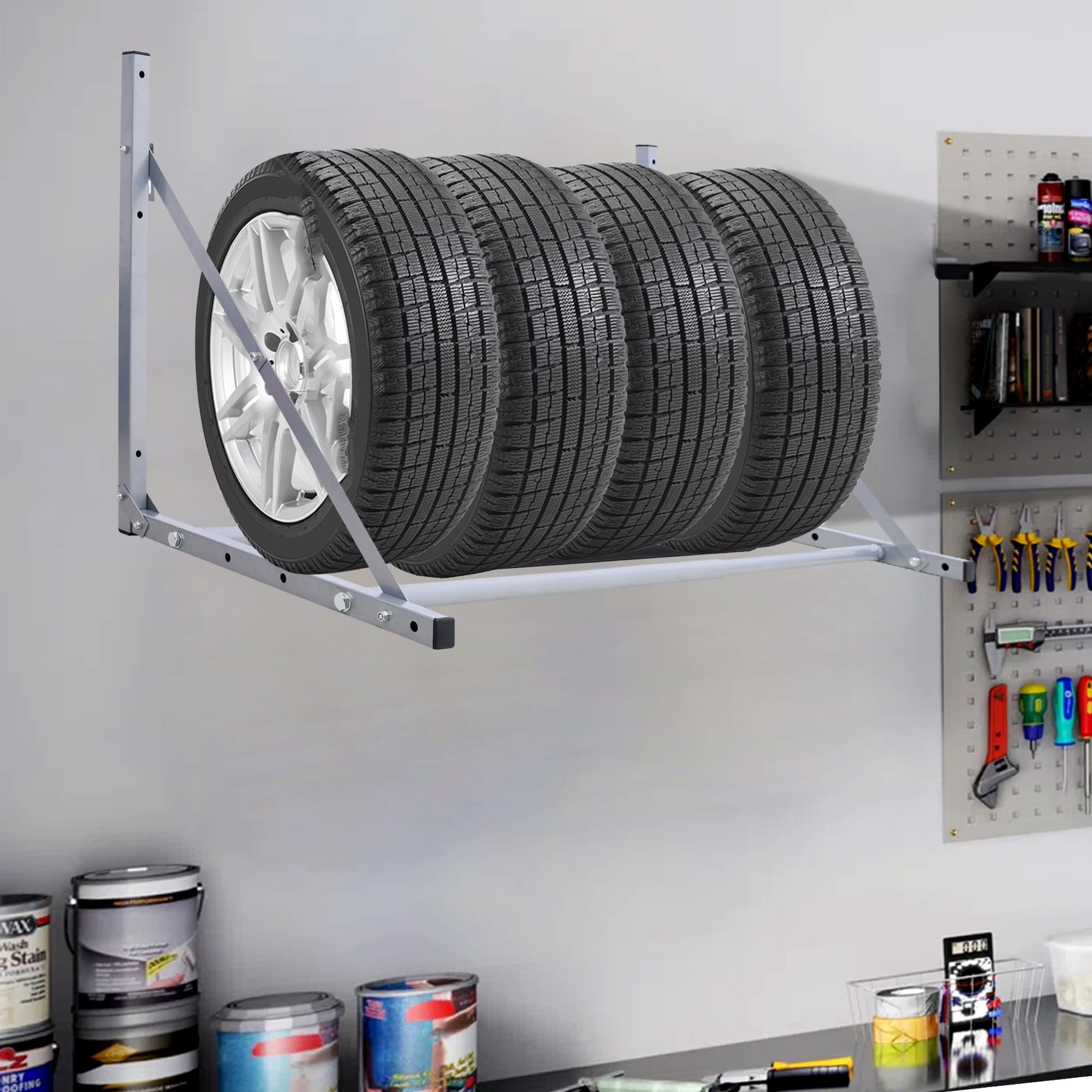 Almacenamiento de llantas plegable montado en pared Kahomvis, de 30.5 a 50.5 pulgadas de ancho, soporta 300 libras, color plateado GH-QP214-730