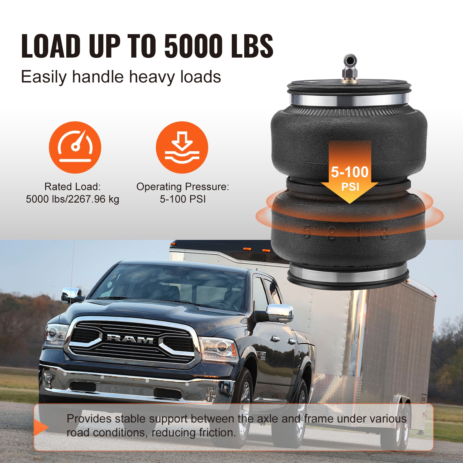 Kit de Suspensión de Bolsa de Aire VEVOR, Kit de Bolsas de Suspensión de Aire Compatible con Dodge Ram 2500 2WD 4WD 2014-2023, Carga de 5000 lbs, 5 a 100 PSI