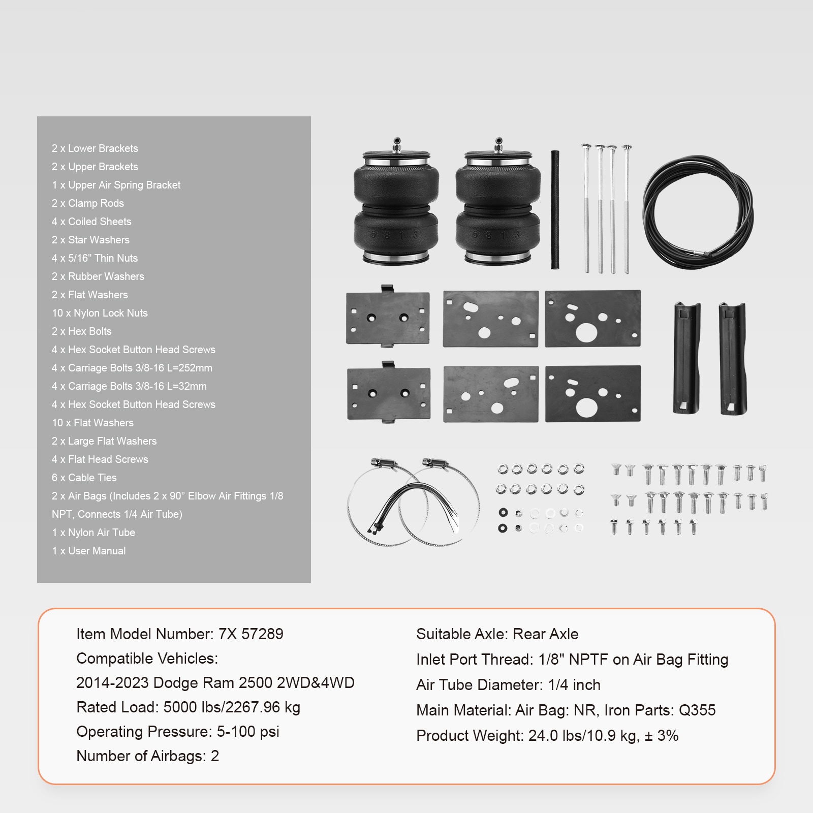Kit de Suspensión de Bolsa de Aire VEVOR, Kit de Bolsas de Suspensión de Aire Compatible con Dodge Ram 2500 2WD 4WD 2014-2023, Carga de 5000 lbs, 5 a 100 PSI